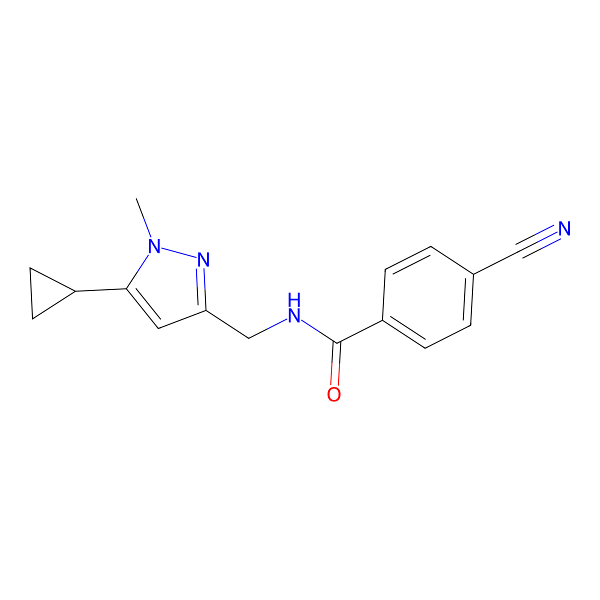 4-cyano-N-((5-cyclopropyl-1-methyl-1H-pyrazol-3-yl)methyl)benzamide molecular structure, CAS 1448052-51-4