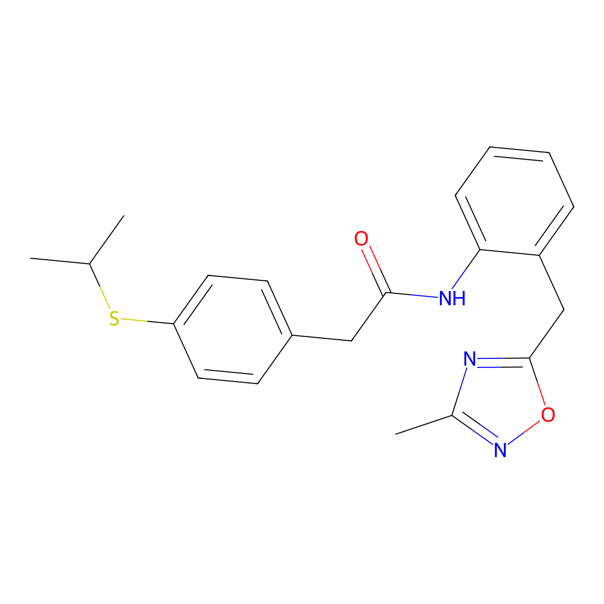 2-(4-(isopropylthio)phenyl)-N-(2-((3-methyl-1,2,4-oxadiazol-5-yl)methyl)phenyl)acetamide molecular structure, CAS 1448052-67-2