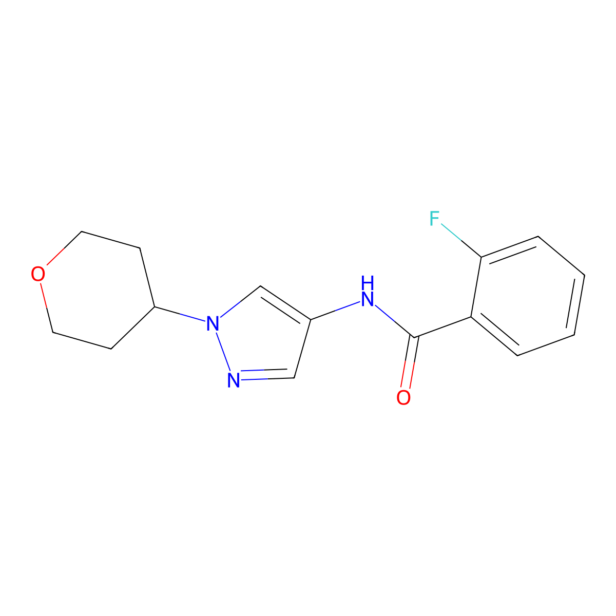 2-fluoro-N-(1-(tetrahydro-2H-pyran-4-yl)-1H-pyrazol-4-yl)benzamide molecular structure, CAS 1448052-73-0