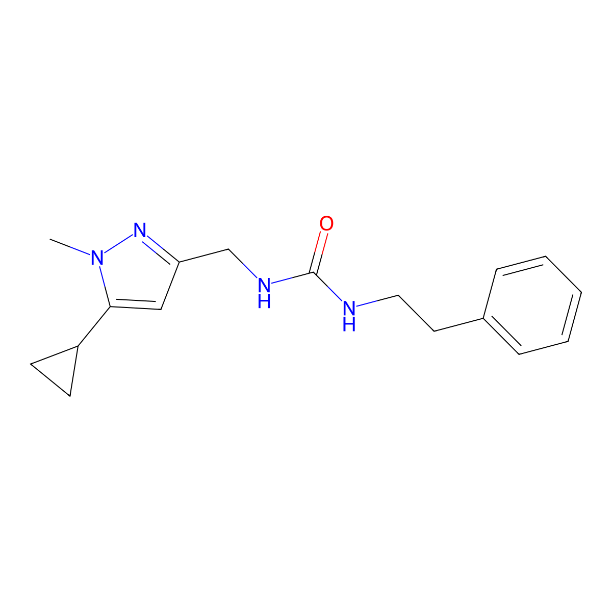 1-((5-cyclopropyl-1-methyl-1H-pyrazol-3-yl)methyl)-3-phenethylurea molecular structure, CAS 1448052-75-2