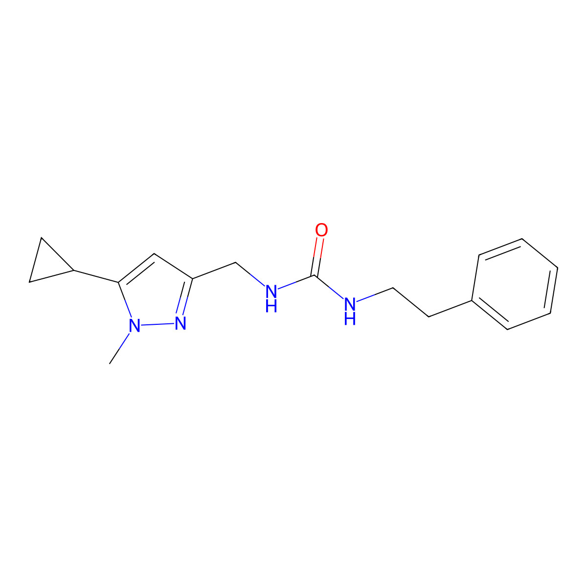 1-((5-cyclopropyl-1-methyl-1H-pyrazol-3-yl)methyl)-3-phenethylurea molecular structure, CAS 1448052-75-2
