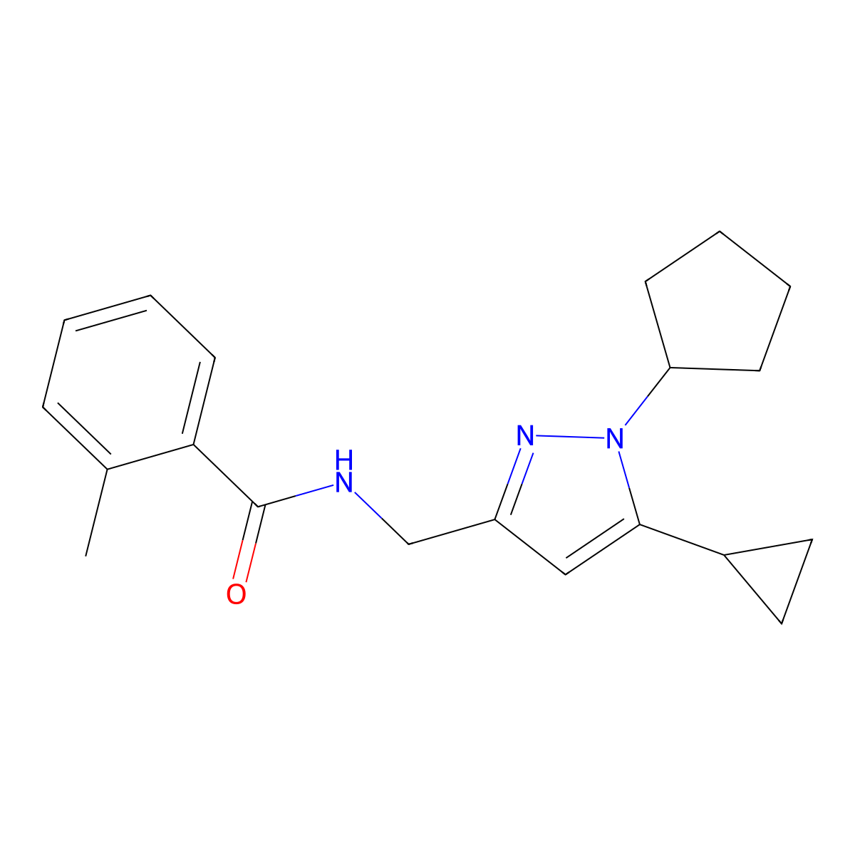 N-[(1-cyclopentyl-5-cyclopropyl-1H-pyrazol-3-yl)methyl]-2-methylbenzamide molecular structure, CAS 1448052-77-4