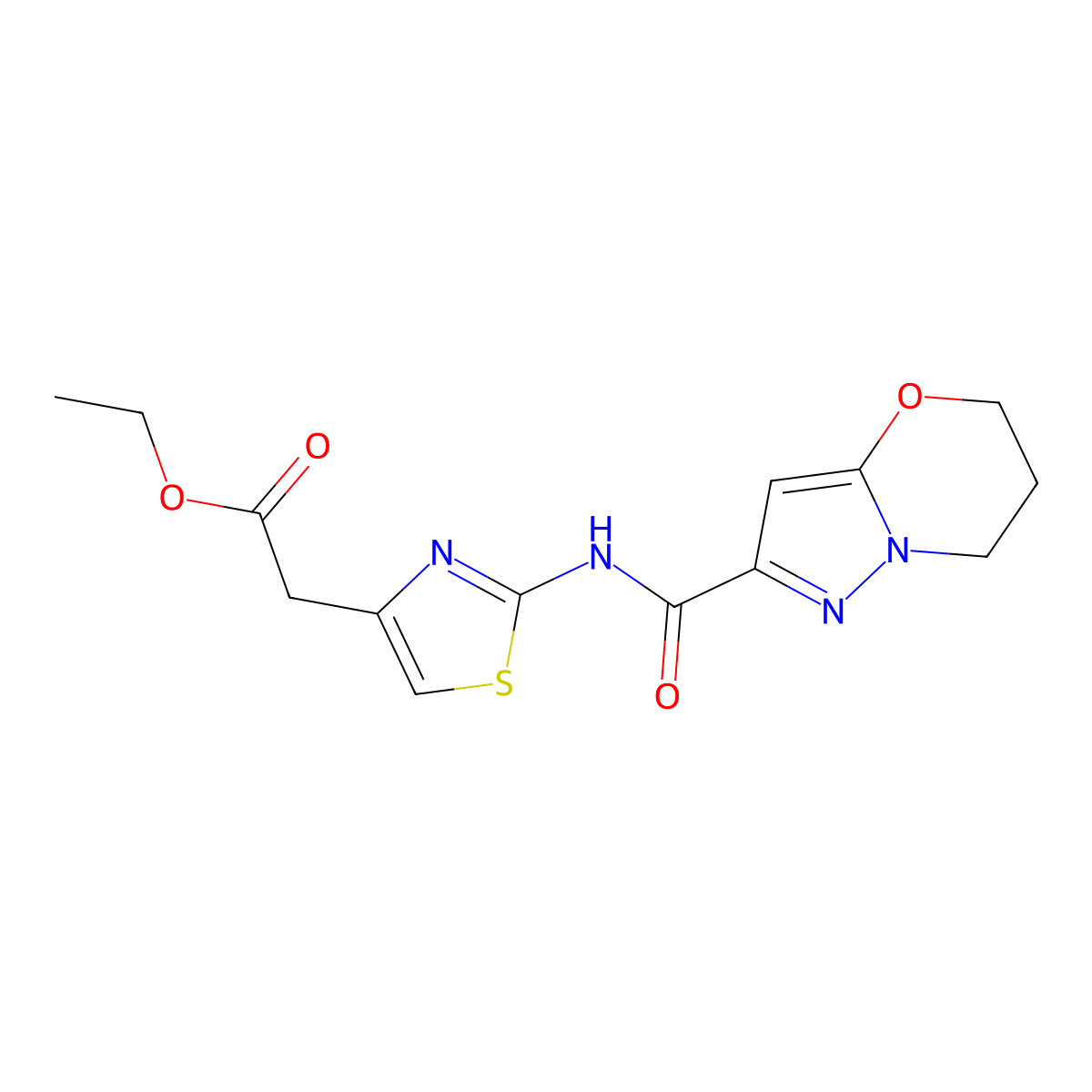 ethyl 2-(2-(6,7-dihydro-5H-pyrazolo[5,1-b][1,3]oxazine-2-carboxamido)thiazol-4-yl)acetate molecular structure, CAS 1448052-85-4