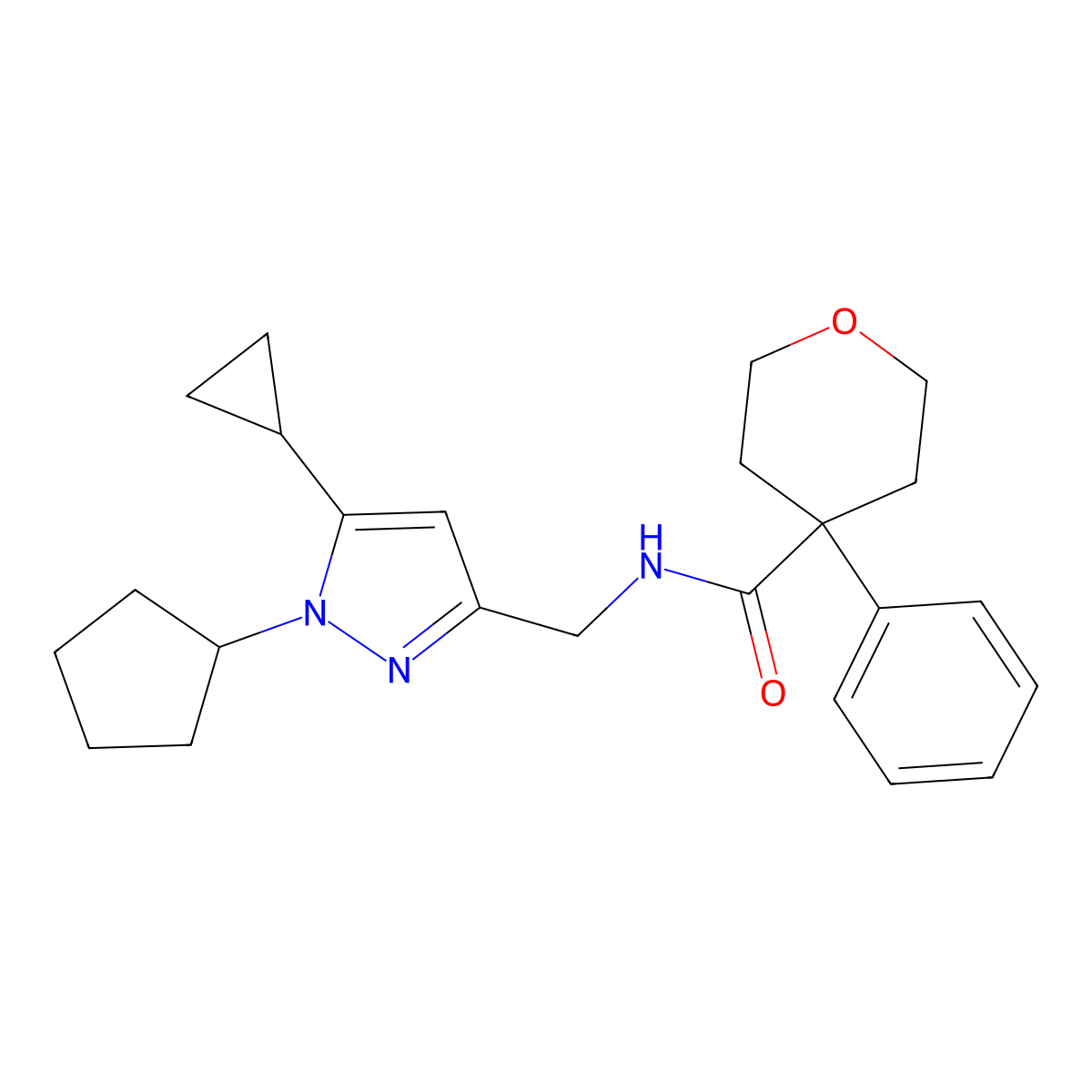N-((1-cyclopentyl-5-cyclopropyl-1H-pyrazol-3-yl)methyl)-4-phenyltetrahydro-2H-pyran-4-carboxamide molecular structure, CAS 1448052-89-8