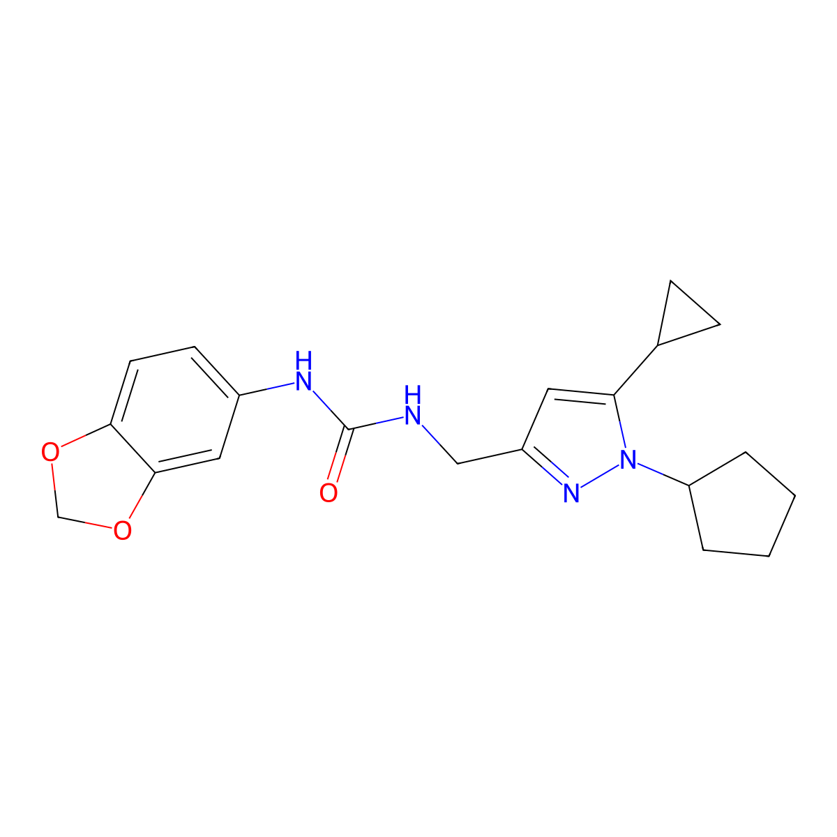 1-(benzo[d][1,3]dioxol-5-yl)-3-((1-cyclopentyl-5-cyclopropyl-1H-pyrazol-3-yl)methyl)urea molecular structure, CAS 1448052-98-9