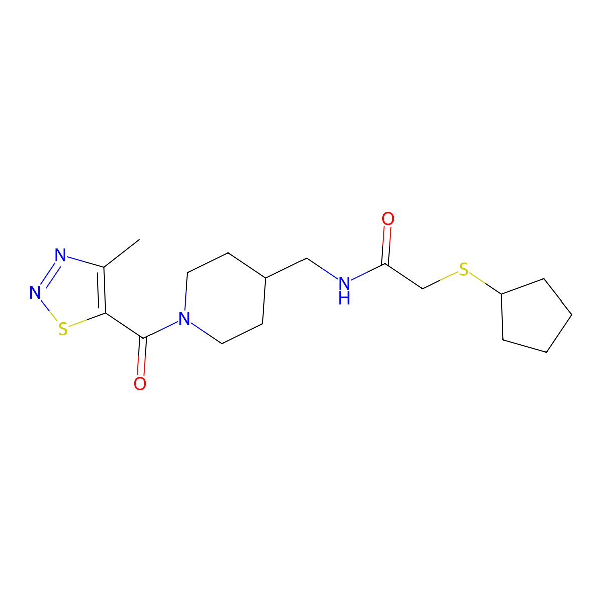 2-(cyclopentylthio)-N-((1-(4-methyl-1,2,3-thiadiazole-5-carbonyl)piperidin-4-yl)methyl)acetamide molecular structure, CAS 1448053-15-3