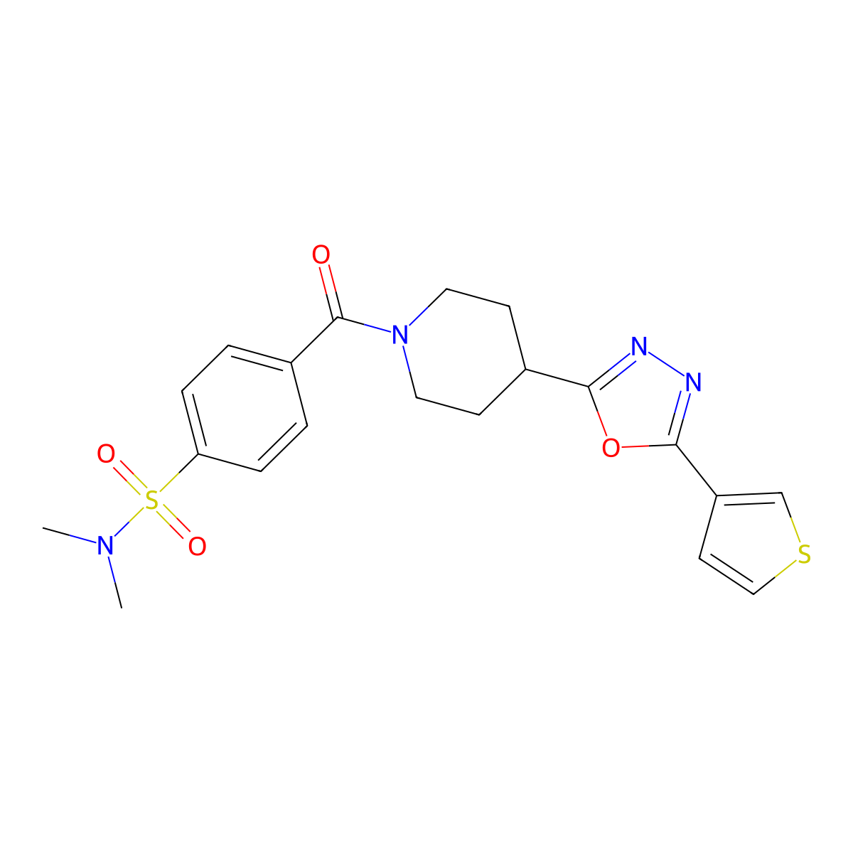 N,N-dimethyl-4-(4-(5-(thiophen-3-yl)-1,3,4-oxadiazol-2-yl)piperidine-1-carbonyl)benzenesulfonamide molecular structure, CAS 1448053-20-0