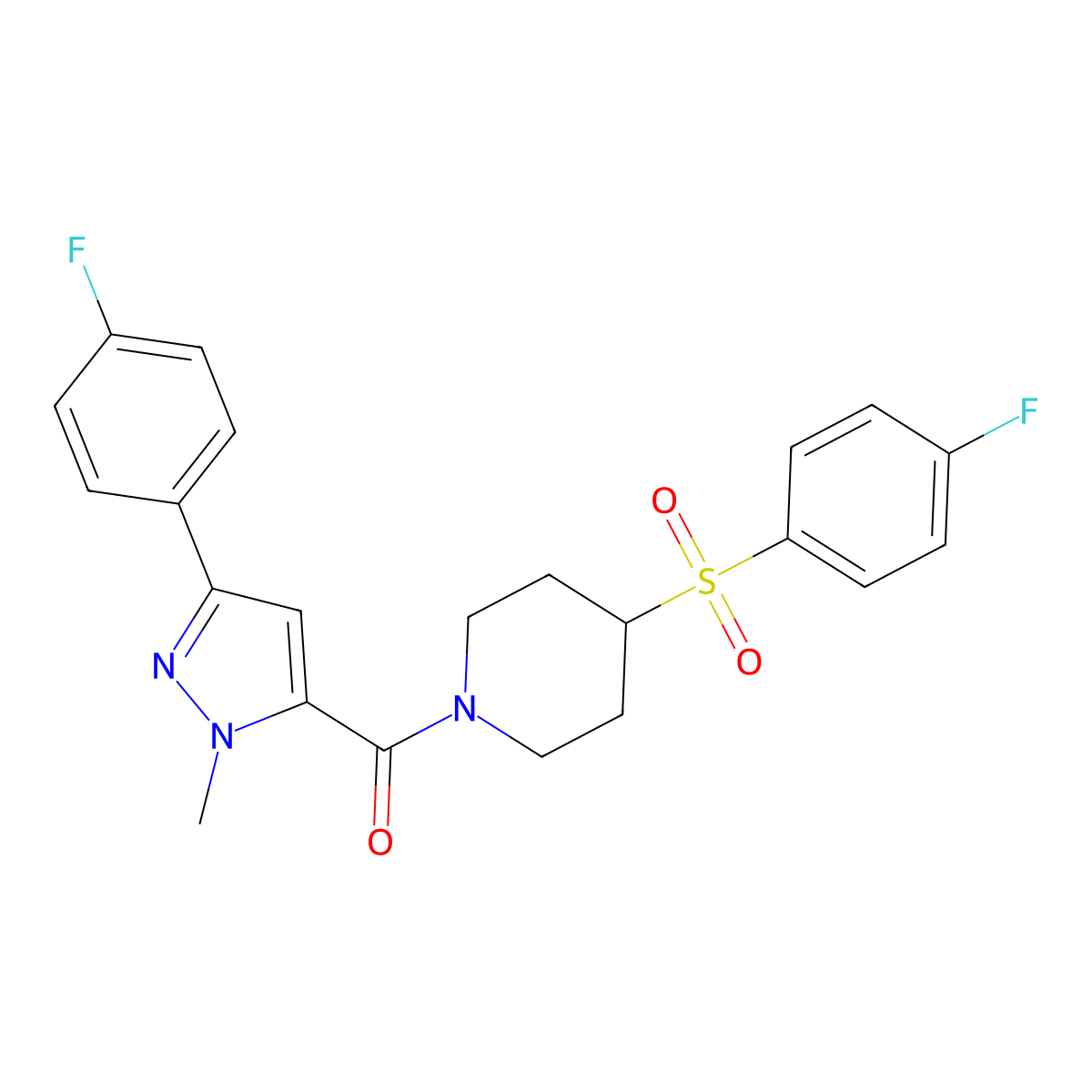 (3-(4-fluorophenyl)-1-methyl-1H-pyrazol-5-yl)(4-((4-fluorophenyl)sulfonyl)piperidin-1-yl)methanone molecular structure, CAS 1448053-22-2