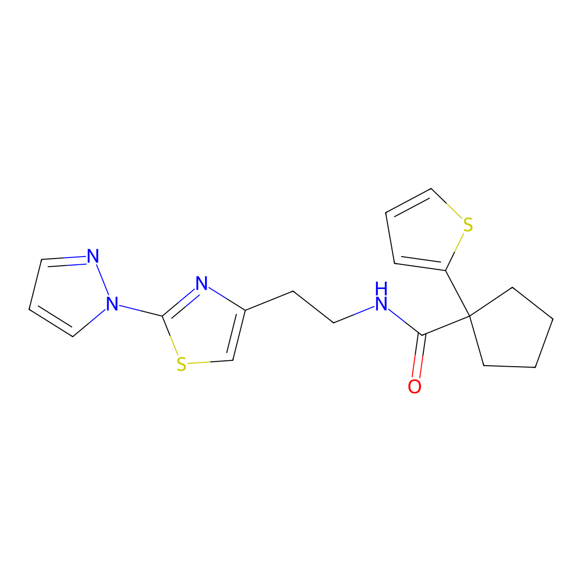 N-(2-(2-(1H-pyrazol-1-yl)thiazol-4-yl)ethyl)-1-(thiophen-2-yl)cyclopentanecarboxamide molecular structure, CAS 1448053-30-2