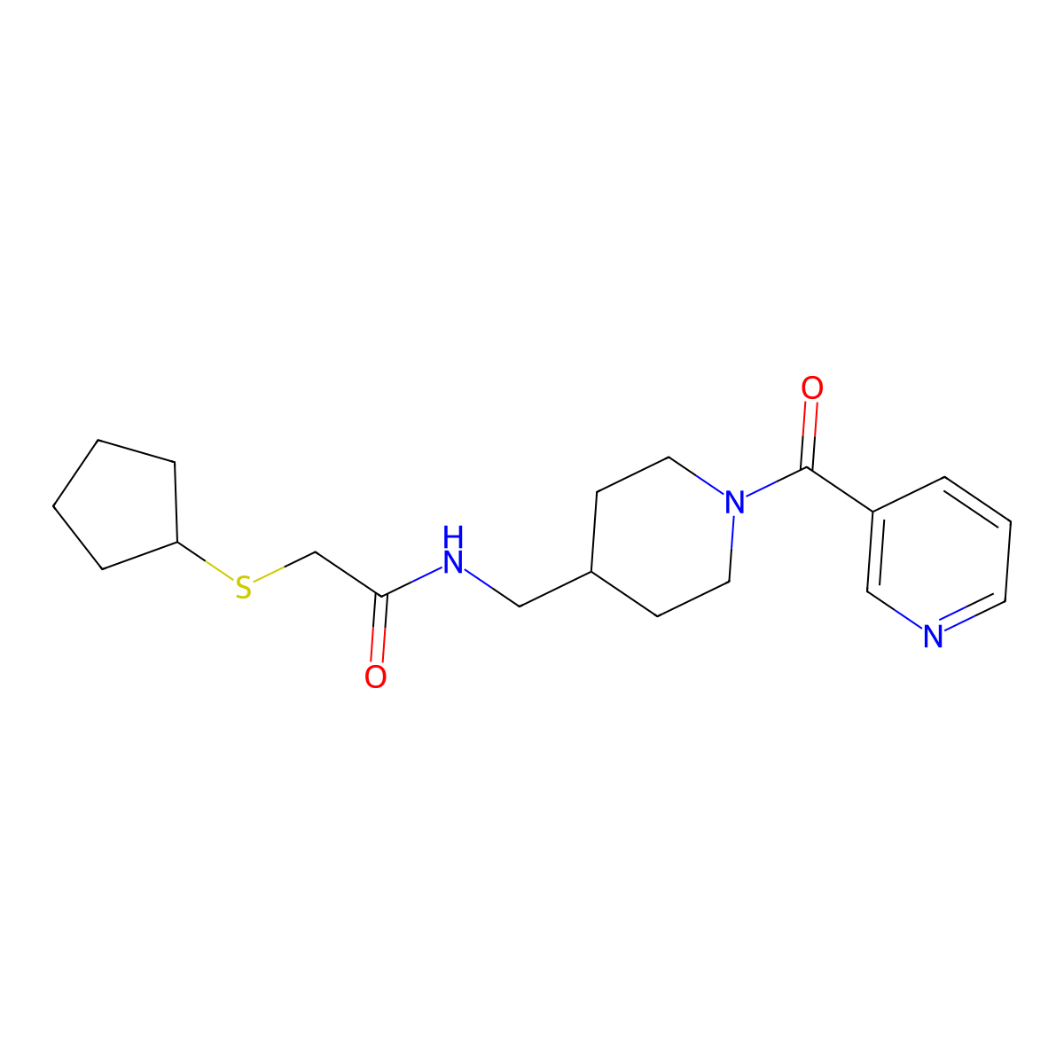 2-(cyclopentylthio)-N-((1-nicotinoylpiperidin-4-yl)methyl)acetamide molecular structure, CAS 1448053-37-9