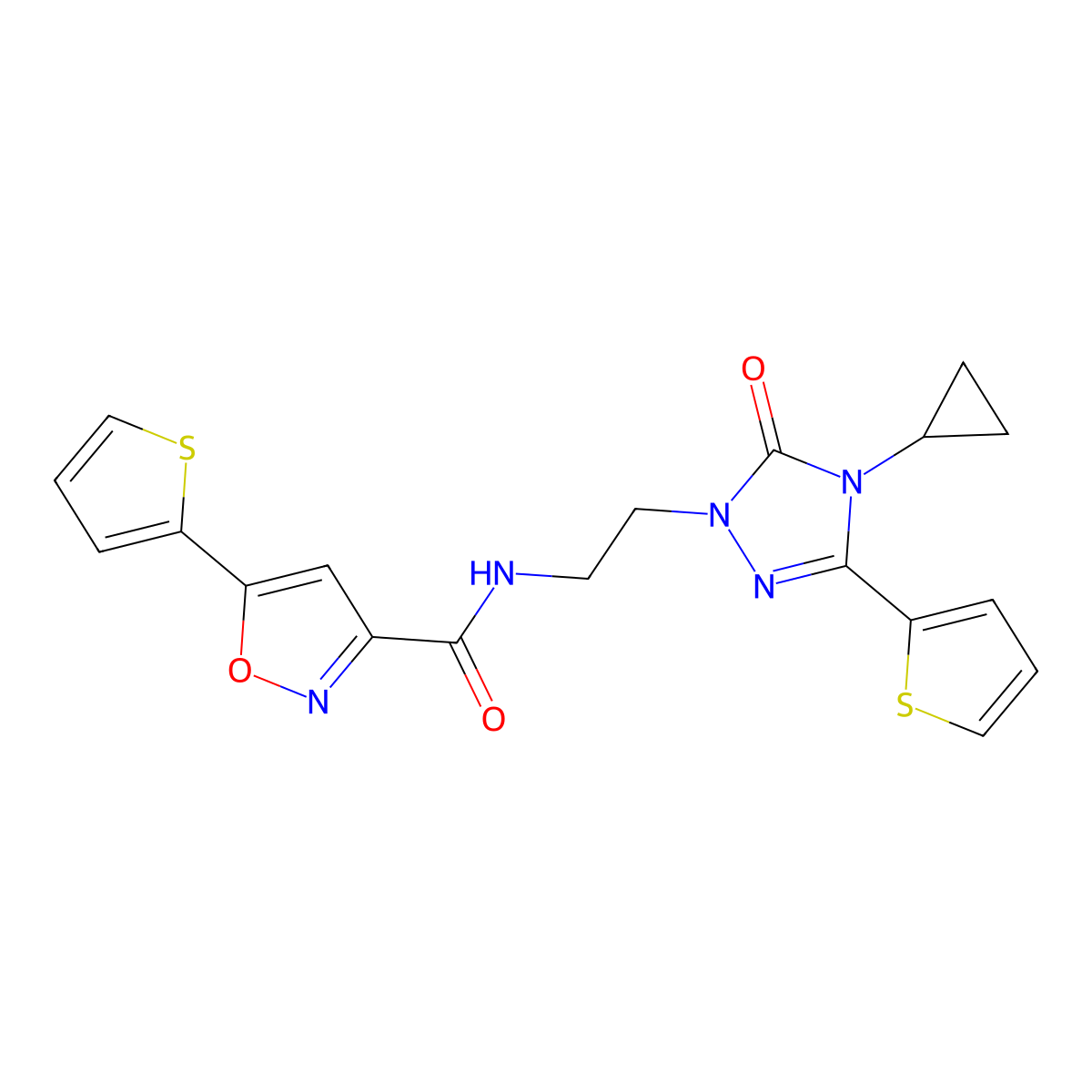 N-(2-(4-cyclopropyl-5-oxo-3-(thiophen-2-yl)-4,5-dihydro-1H-1,2,4-triazol-1-yl)ethyl)-5-(thiophen-2-yl)isoxazole-3-carboxamide molecular structure, CAS 1448053-41-5