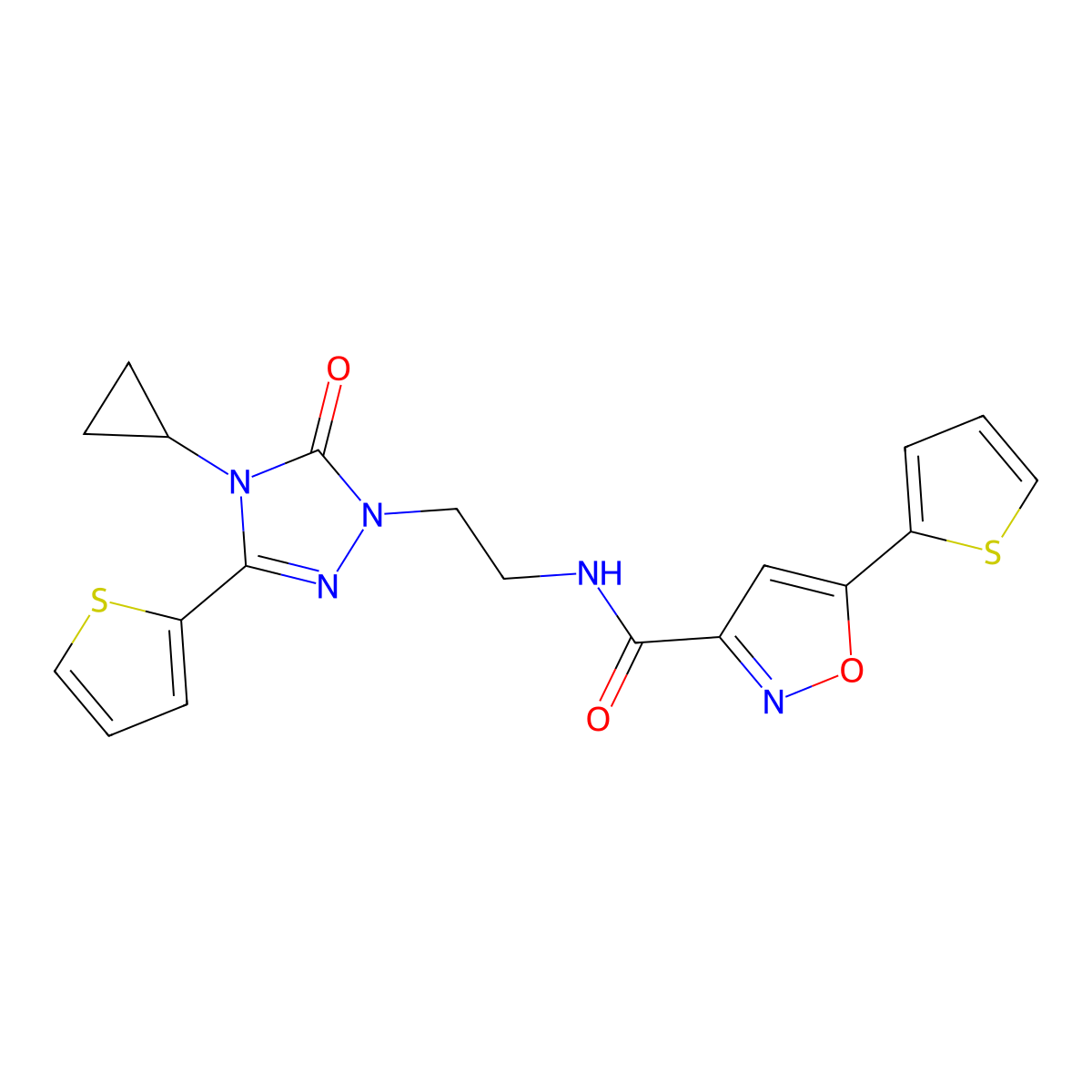 N-(2-(4-cyclopropyl-5-oxo-3-(thiophen-2-yl)-4,5-dihydro-1H-1,2,4-triazol-1-yl)ethyl)-5-(thiophen-2-yl)isoxazole-3-carboxamide molecular structure, CAS 1448053-41-5
