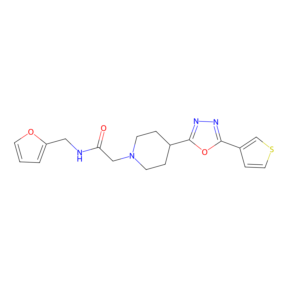 N-(furan-2-ylmethyl)-2-(4-(5-(thiophen-3-yl)-1,3,4-oxadiazol-2-yl)piperidin-1-yl)acetamide molecular structure, CAS 1448053-50-6