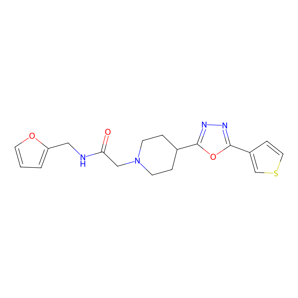 N-(furan-2-ylmethyl)-2-(4-(5-(thiophen-3-yl)-1,3,4-oxadiazol-2-yl)piperidin-1-yl)acetamide molecular structure, CAS 1448053-50-6