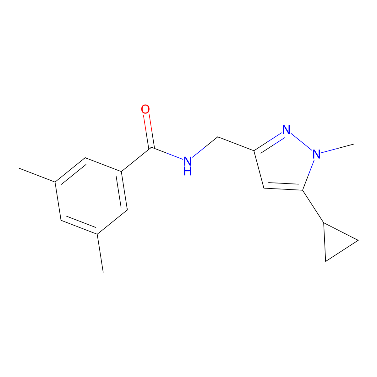 N-((5-cyclopropyl-1-methyl-1H-pyrazol-3-yl)methyl)-3,5-dimethylbenzamide molecular structure, CAS 1448053-51-7