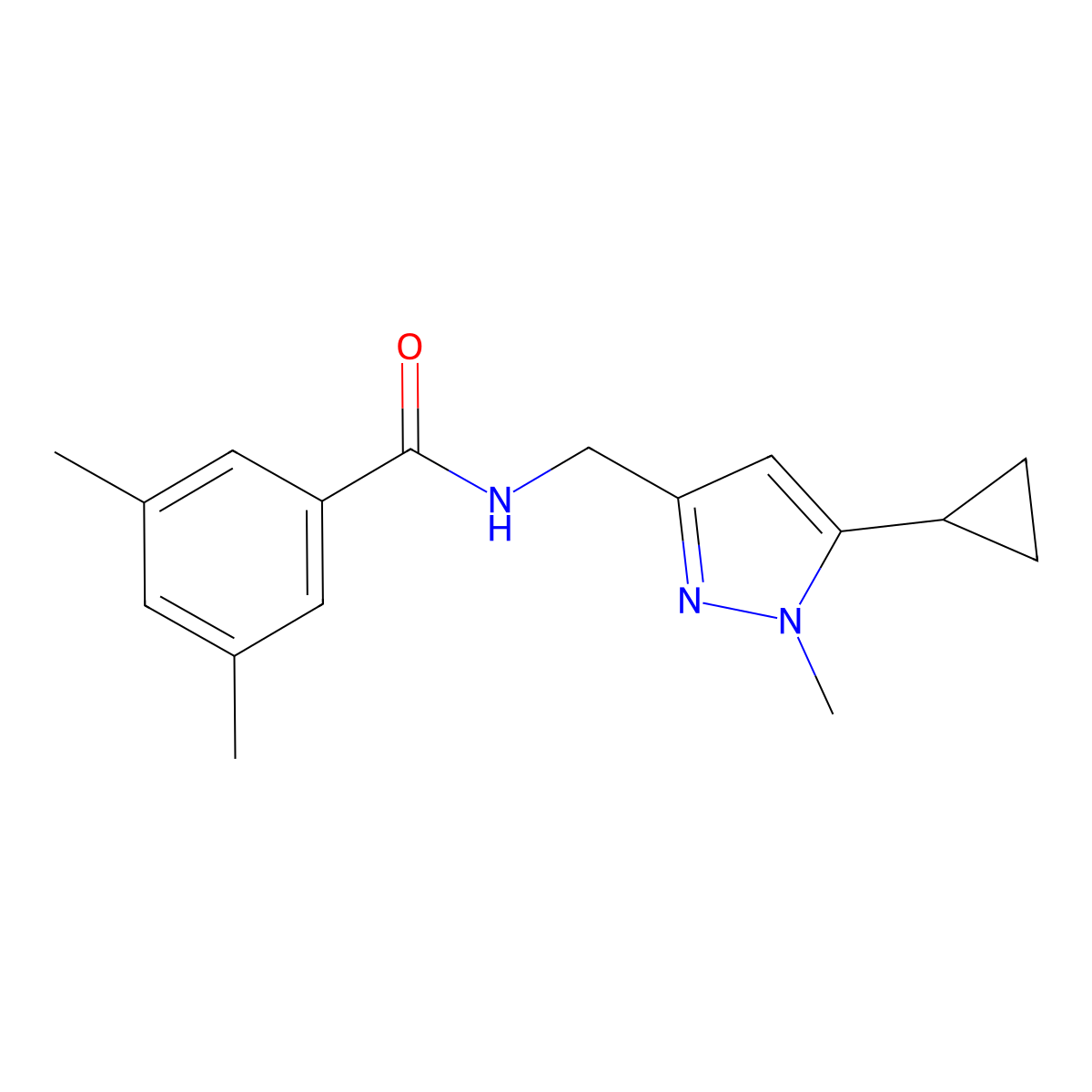 N-((5-cyclopropyl-1-methyl-1H-pyrazol-3-yl)methyl)-3,5-dimethylbenzamide molecular structure, CAS 1448053-51-7