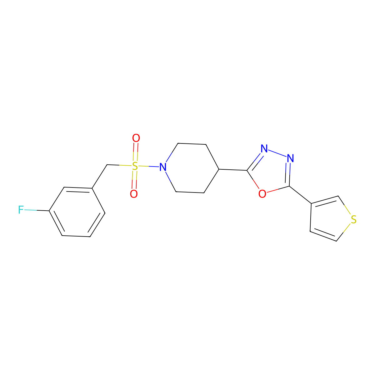 2-(1-((3-Fluorobenzyl)sulfonyl)piperidin-4-yl)-5-(thiophen-3-yl)-1,3,4-oxadiazole molecular structure, CAS 1448053-58-4