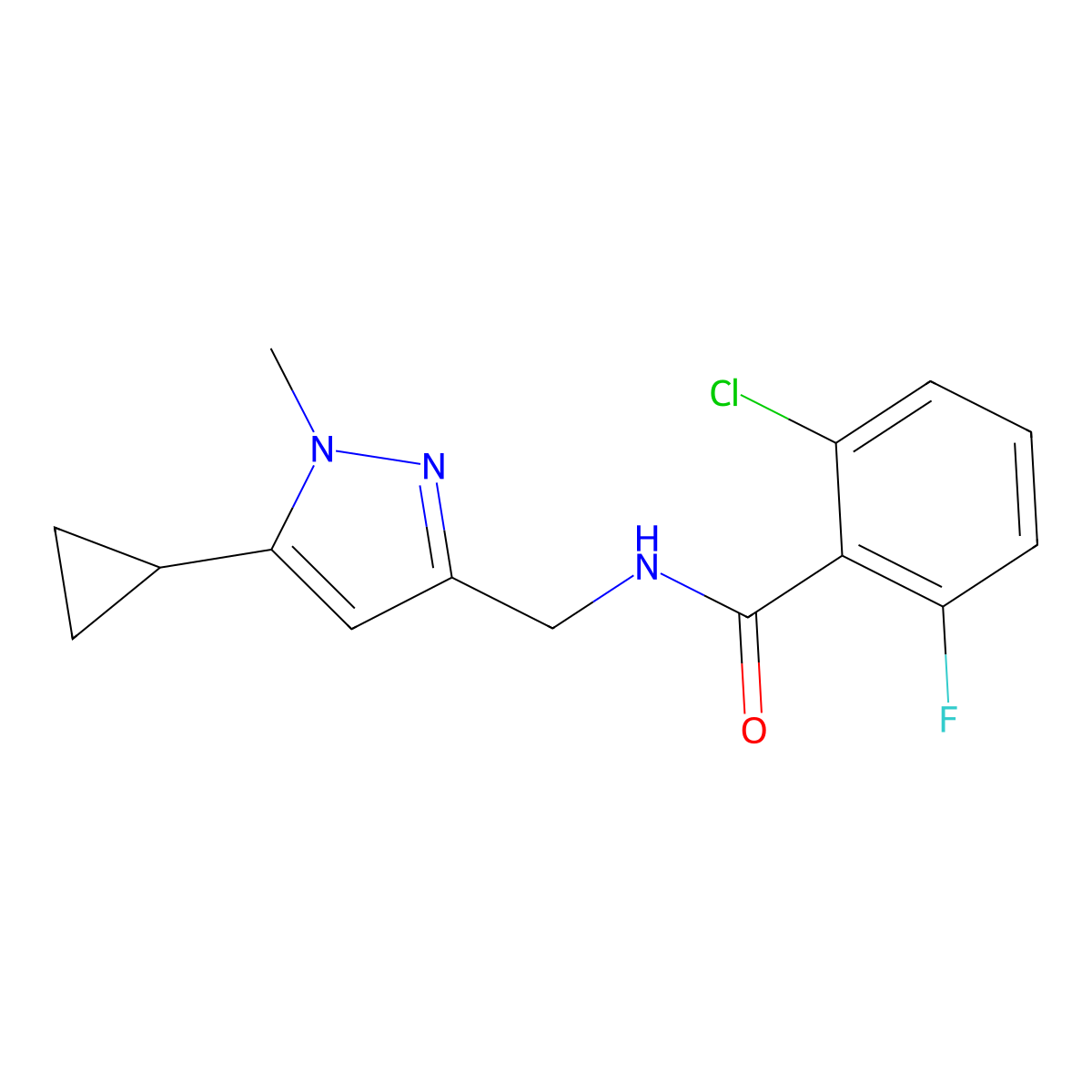 2-chloro-N-[(5-cyclopropyl-1-methyl-1H-pyrazol-3-yl)methyl]-6-fluorobenzamide molecular structure, CAS 1448053-59-5