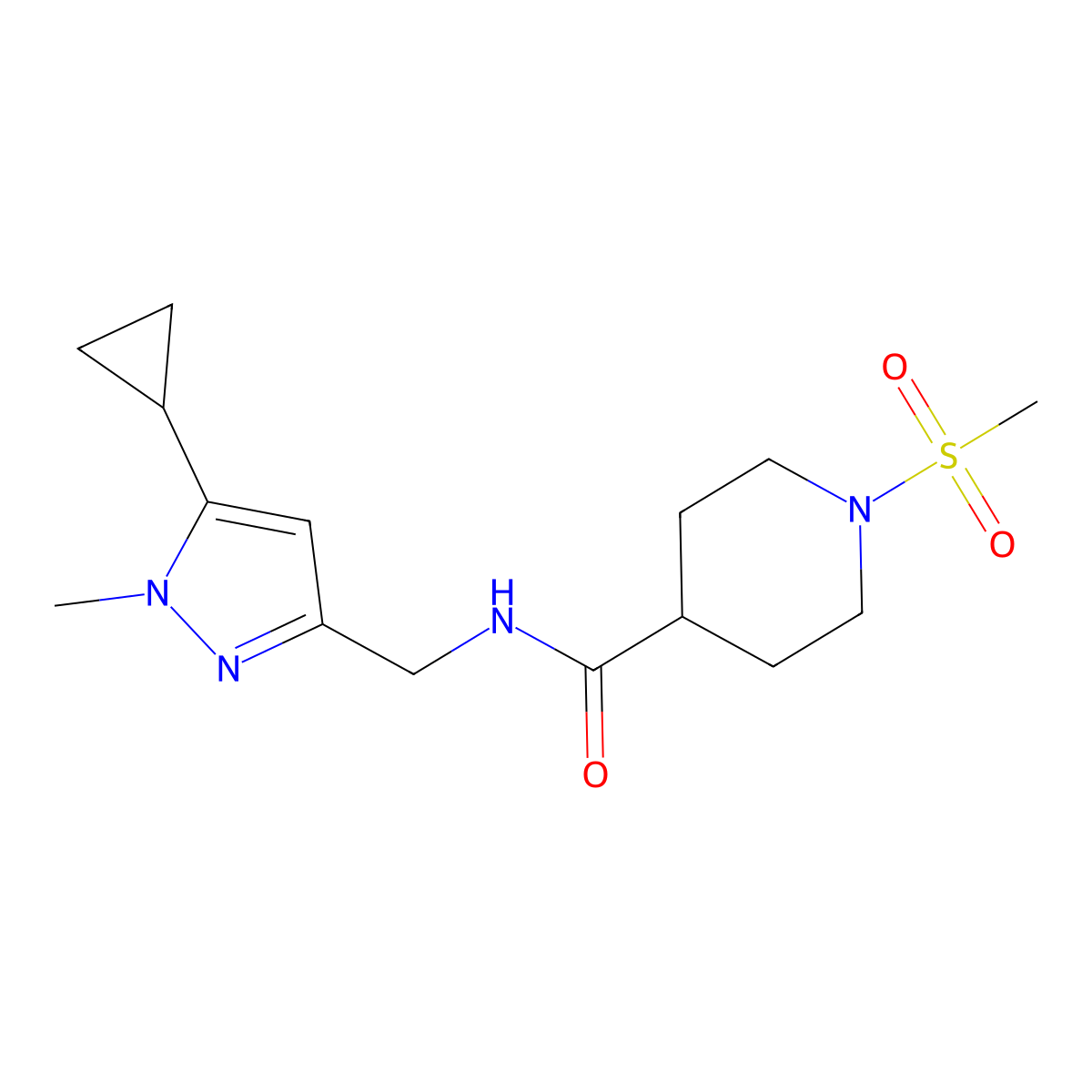 N-((5-cyclopropyl-1-methyl-1H-pyrazol-3-yl)methyl)-1-(methylsulfonyl)piperidine-4-carboxamide molecular structure, CAS 1448053-68-6