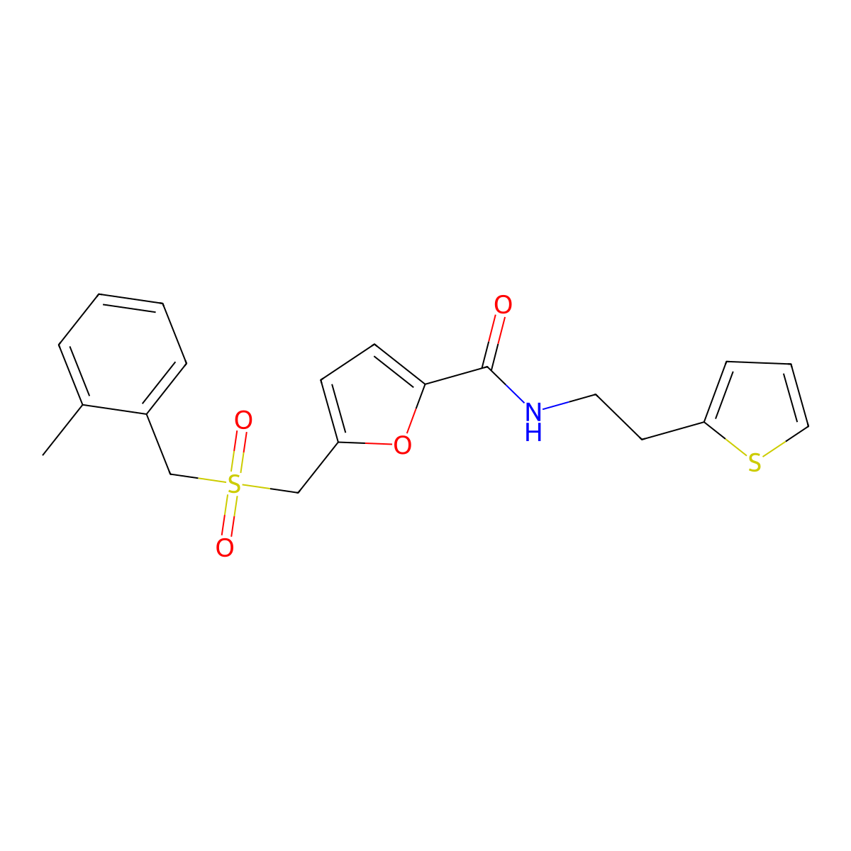 5-(((2-methylbenzyl)sulfonyl)methyl)-N-(2-(thiophen-2-yl)ethyl)furan-2-carboxamide molecular structure, CAS 1448053-71-1