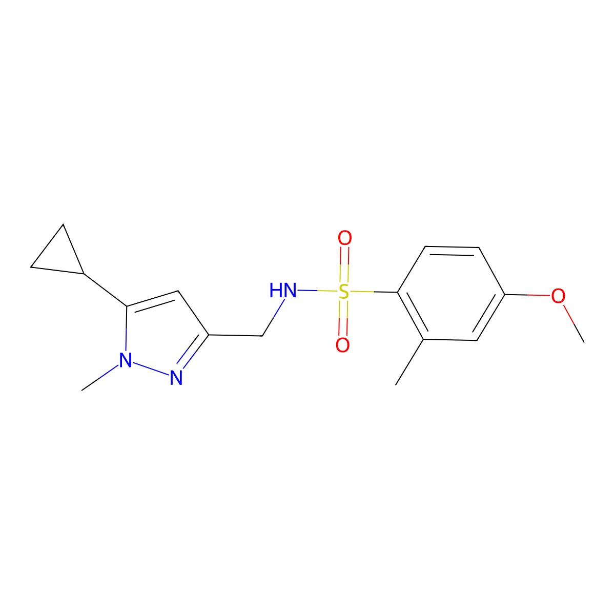 N-((5-cyclopropyl-1-methyl-1H-pyrazol-3-yl)methyl)-4-methoxy-2-methylbenzenesulfonamide molecular structure, CAS 1448053-80-2