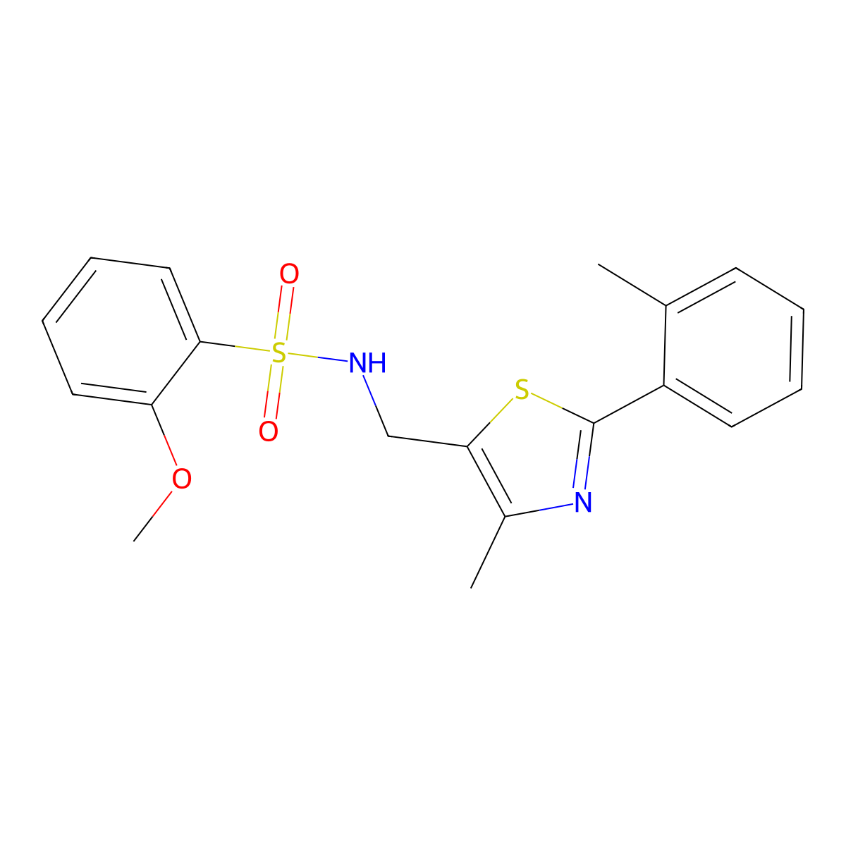2-methoxy-N-((4-methyl-2-(o-tolyl)thiazol-5-yl)methyl)benzenesulfonamide molecular structure, CAS 1448053-88-0