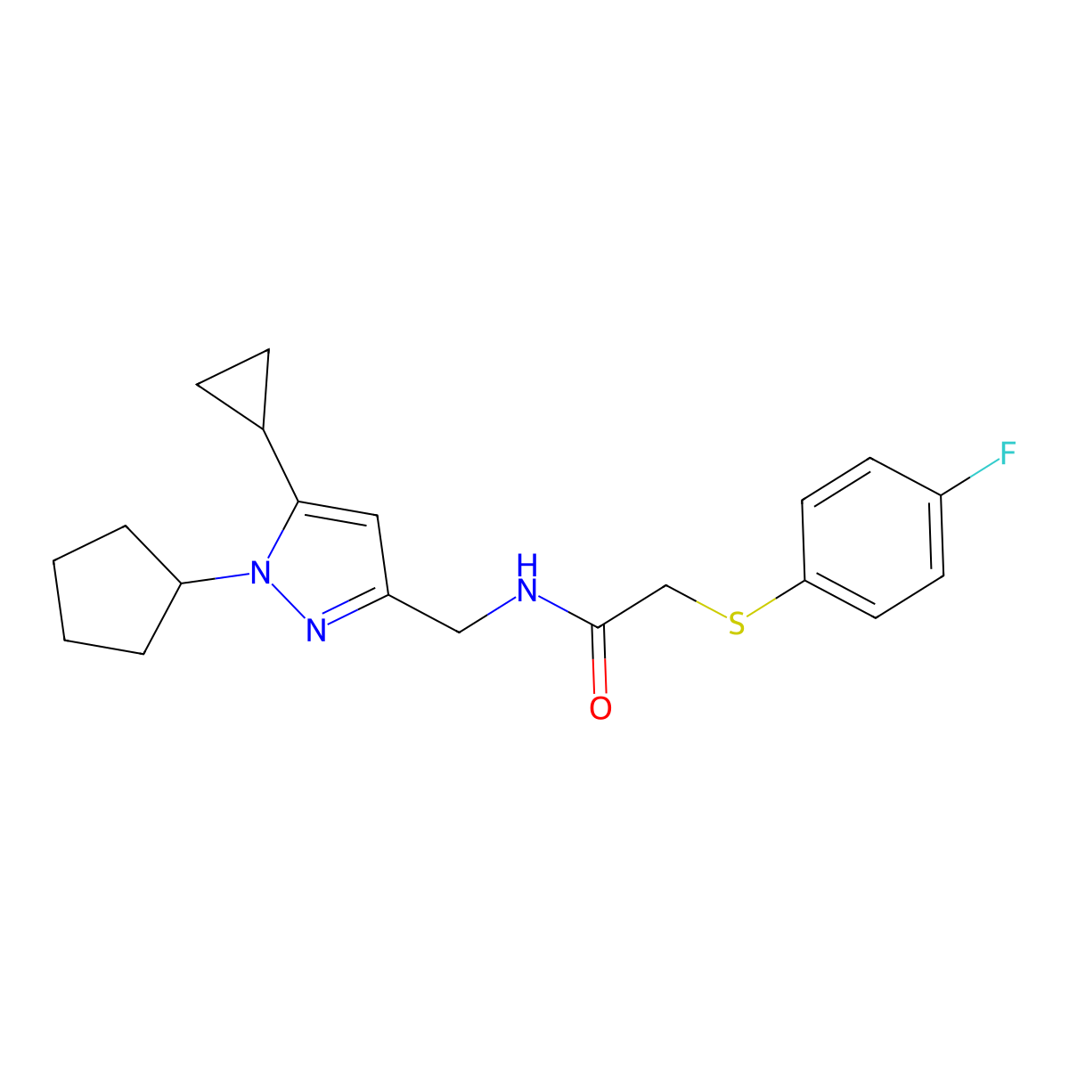 N-((1-cyclopentyl-5-cyclopropyl-1H-pyrazol-3-yl)methyl)-2-((4-fluorophenyl)thio)acetamide molecular structure, CAS 1448053-91-5