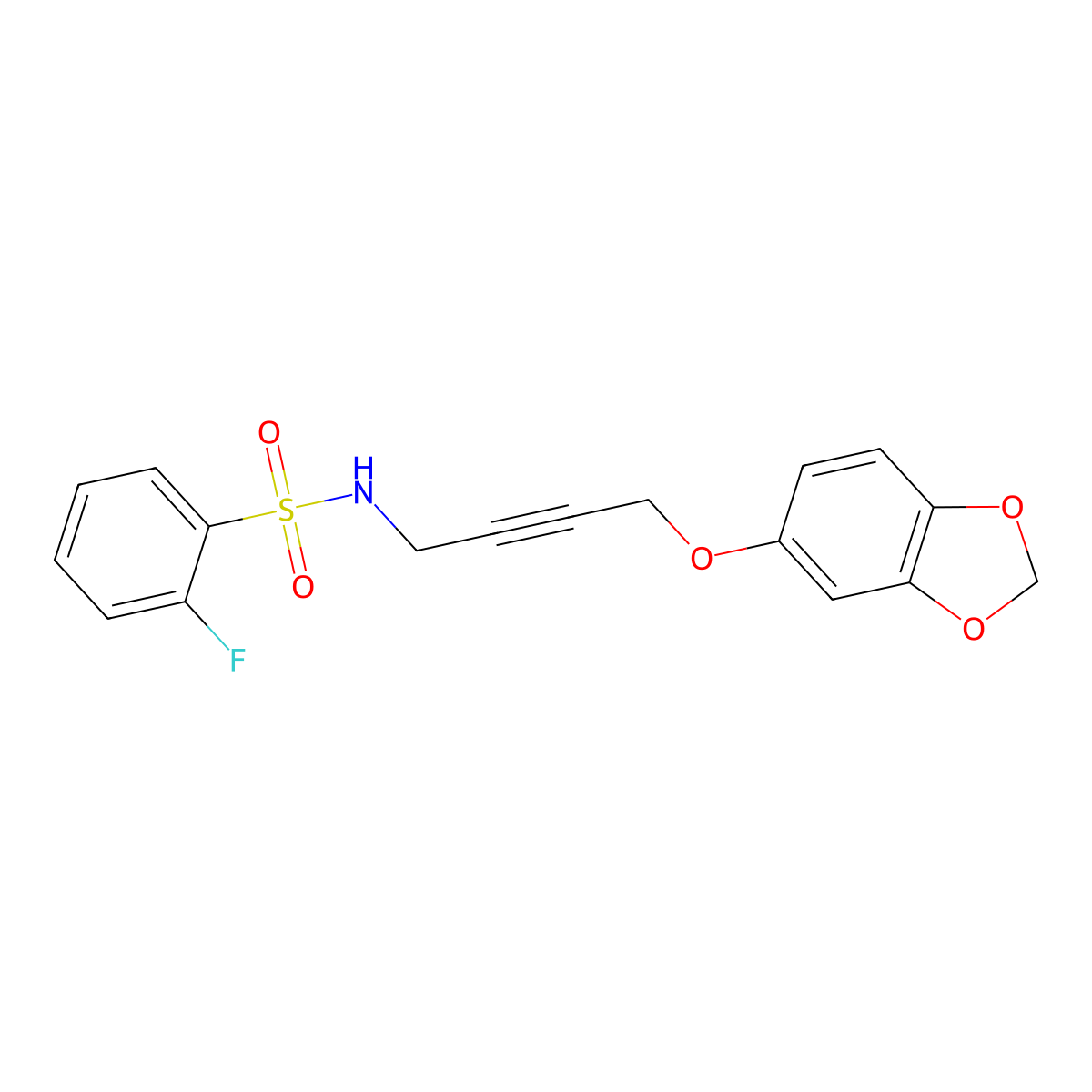 N-(4-(benzo[d][1,3]dioxol-5-yloxy)but-2-yn-1-yl)-2-fluorobenzenesulfonamide molecular structure, CAS 1448053-93-7