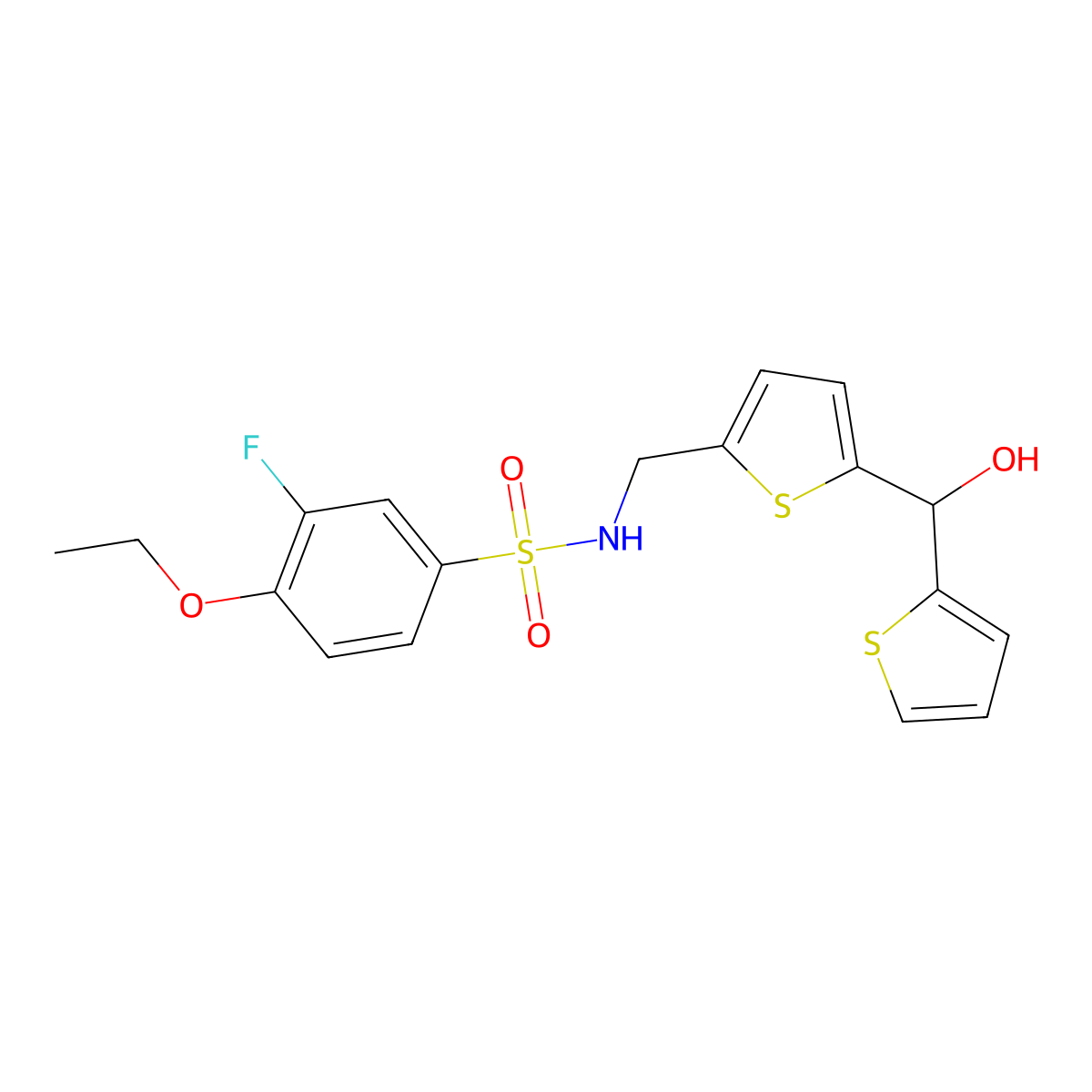 4-ethoxy-3-fluoro-N-((5-(hydroxy(thiophen-2-yl)methyl)thiophen-2-yl)methyl)benzenesulfonamide molecular structure, CAS 1448053-99-3