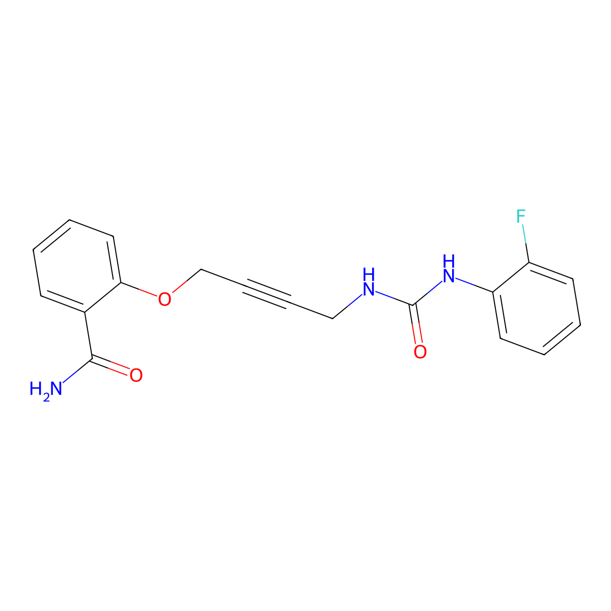 2-((4-(3-(2-Fluorophenyl)ureido)but-2-yn-1-yl)oxy)benzamide molecular structure, CAS 1448054-00-9