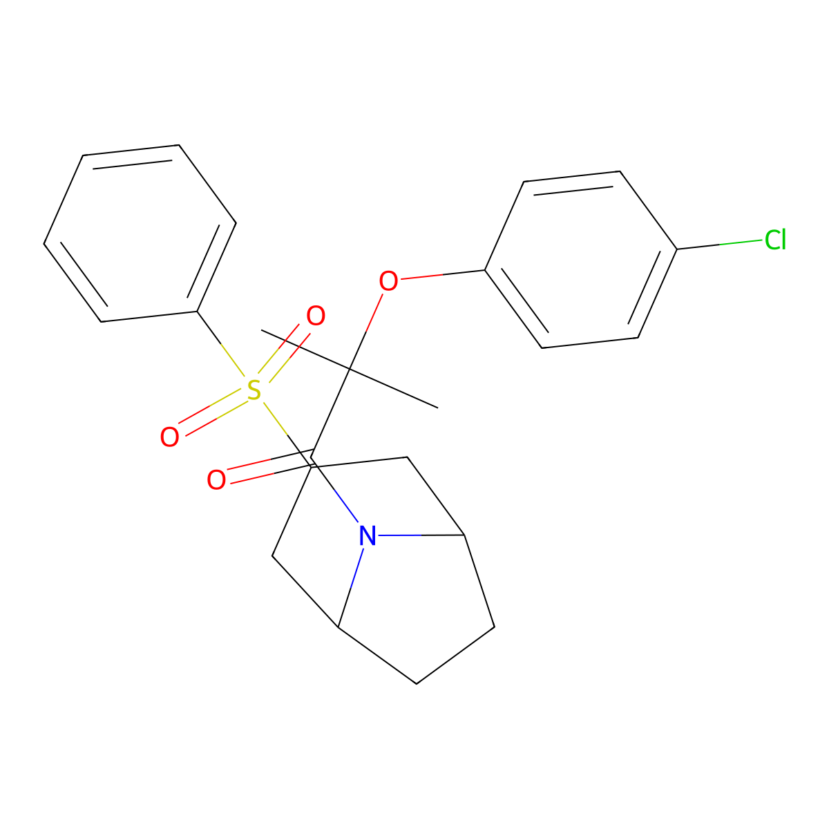 2-(4-chlorophenoxy)-2-methyl-1-((1R,5S)-3-(phenylsulfonyl)-8-azabicyclo[3.2.1]octan-8-yl)propan-1-one molecular structure, CAS 1448054-02-1