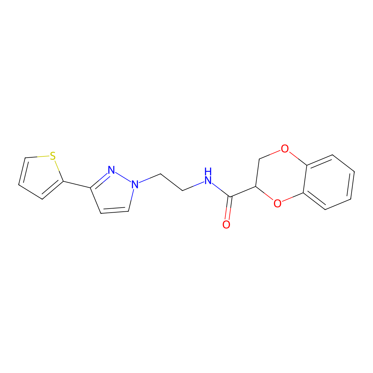 N-(2-(3-(thiophen-2-yl)-1H-pyrazol-1-yl)ethyl)-2,3-dihydrobenzo[b][1,4]dioxine-2-carboxamide molecular structure, CAS 1448054-11-2