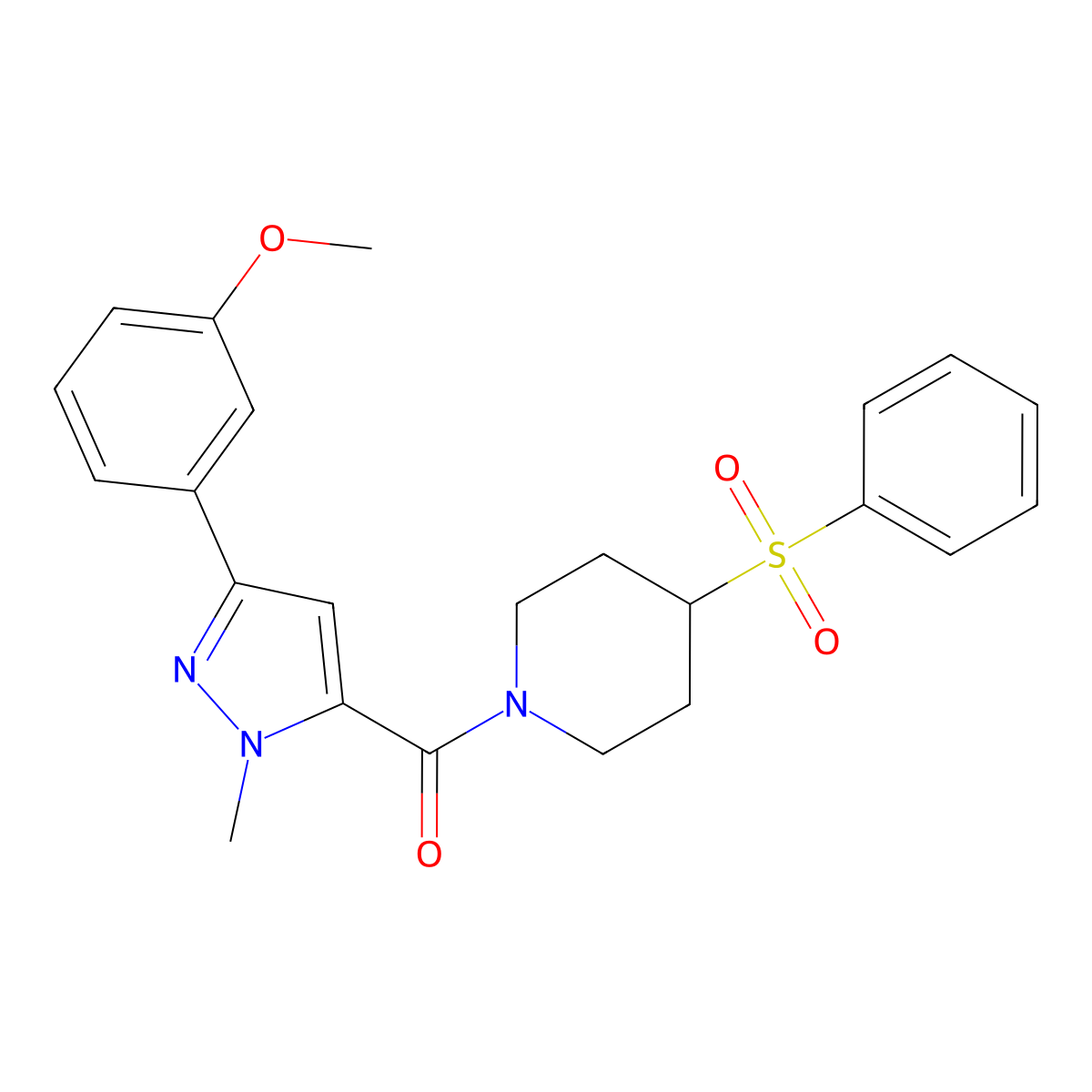 (3-(3-methoxyphenyl)-1-methyl-1H-pyrazol-5-yl)(4-(phenylsulfonyl)piperidin-1-yl)methanone molecular structure, CAS 1448054-12-3