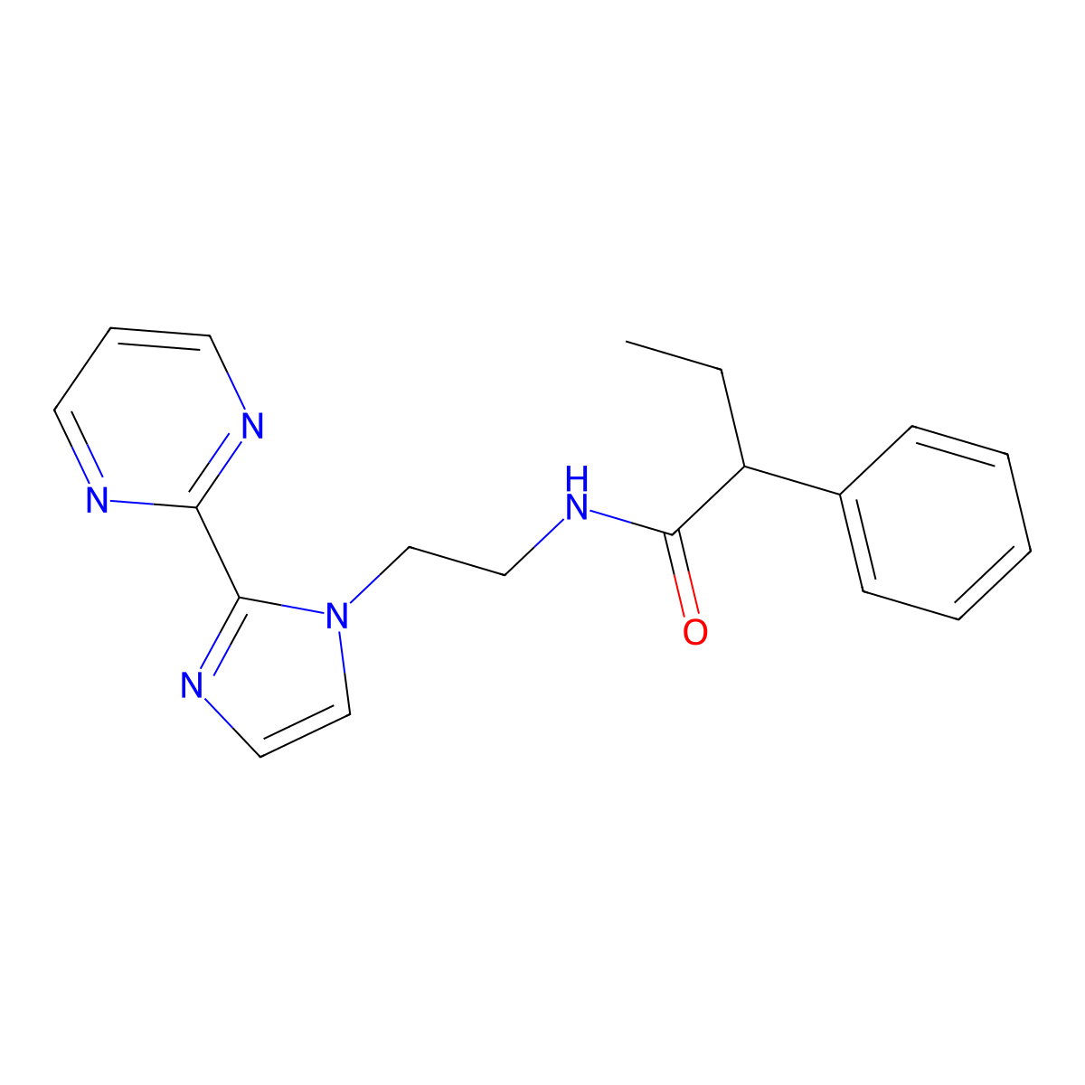 2-phenyl-N-(2-(2-(pyrimidin-2-yl)-1H-imidazol-1-yl)ethyl)butanamide molecular structure, CAS 1448054-21-4