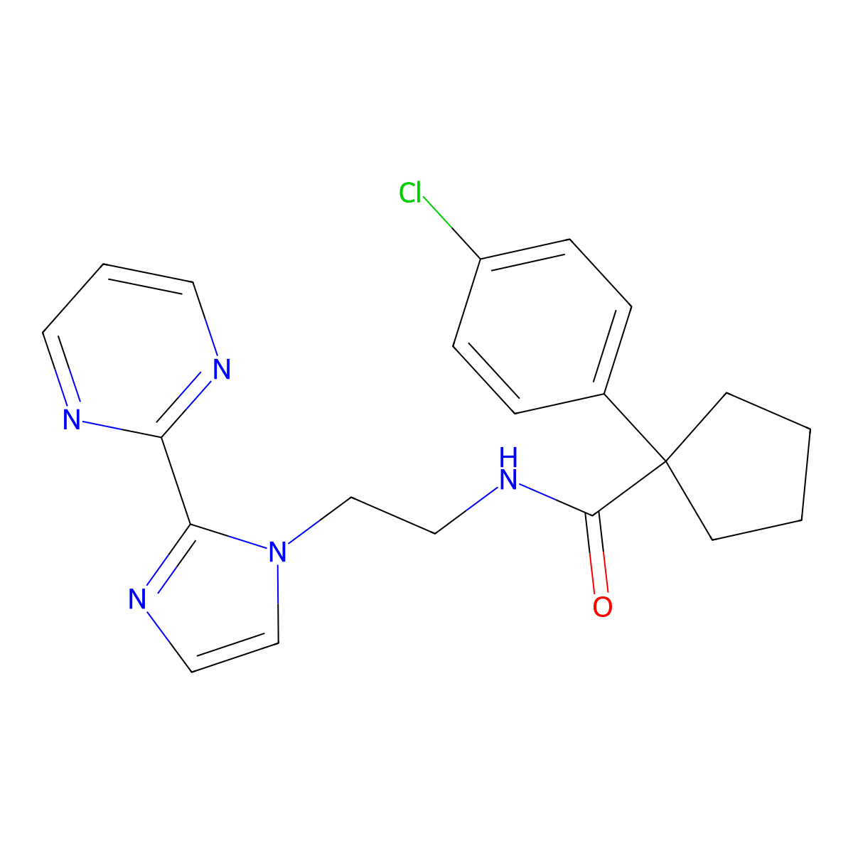 1-(4-chlorophenyl)-N-(2-(2-(pyrimidin-2-yl)-1H-imidazol-1-yl)ethyl)cyclopentanecarboxamide molecular structure, CAS 1448054-29-2