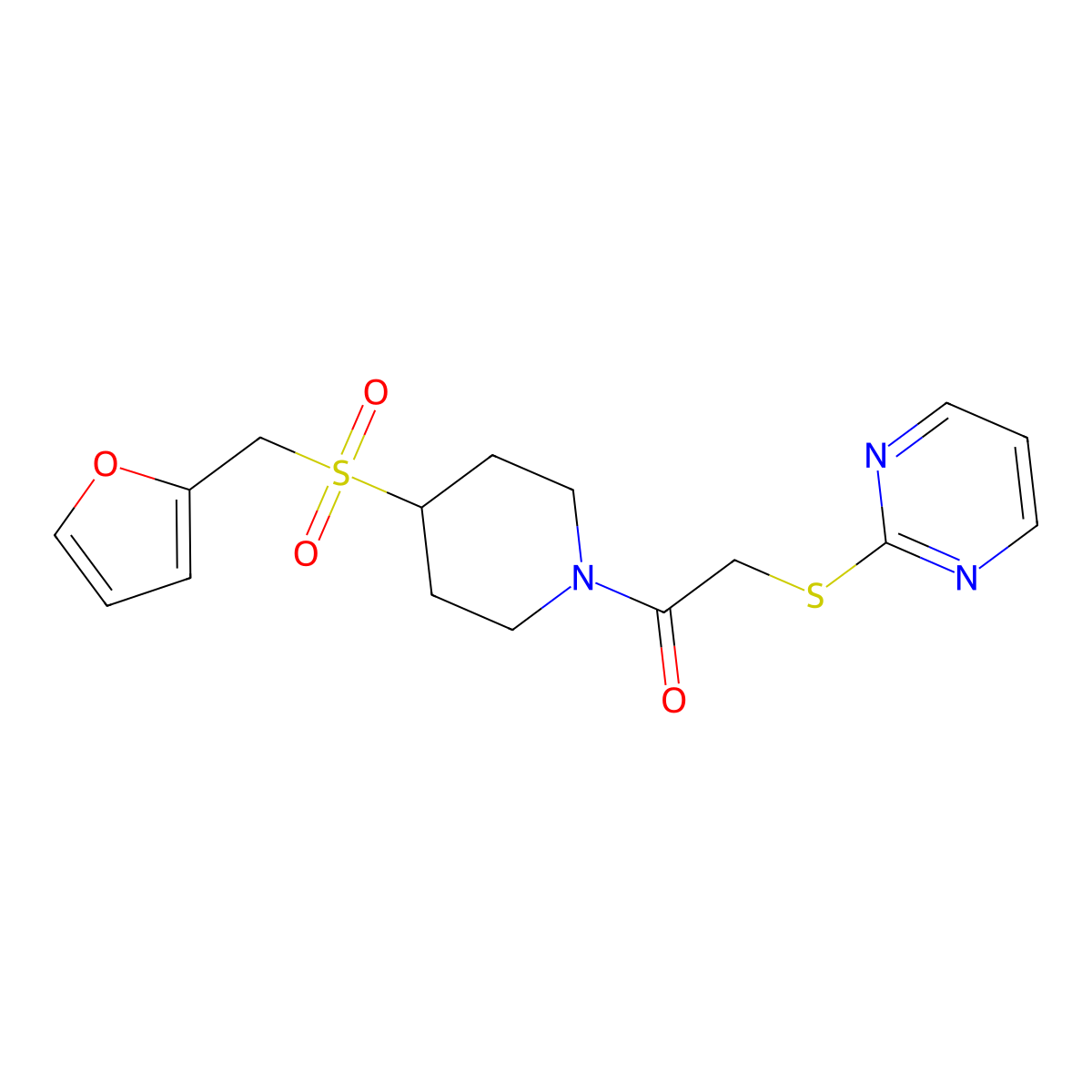 1-(4-((Furan-2-ylmethyl)sulfonyl)piperidin-1-yl)-2-(pyrimidin-2-ylthio)ethanone molecular structure, CAS 1448054-42-9