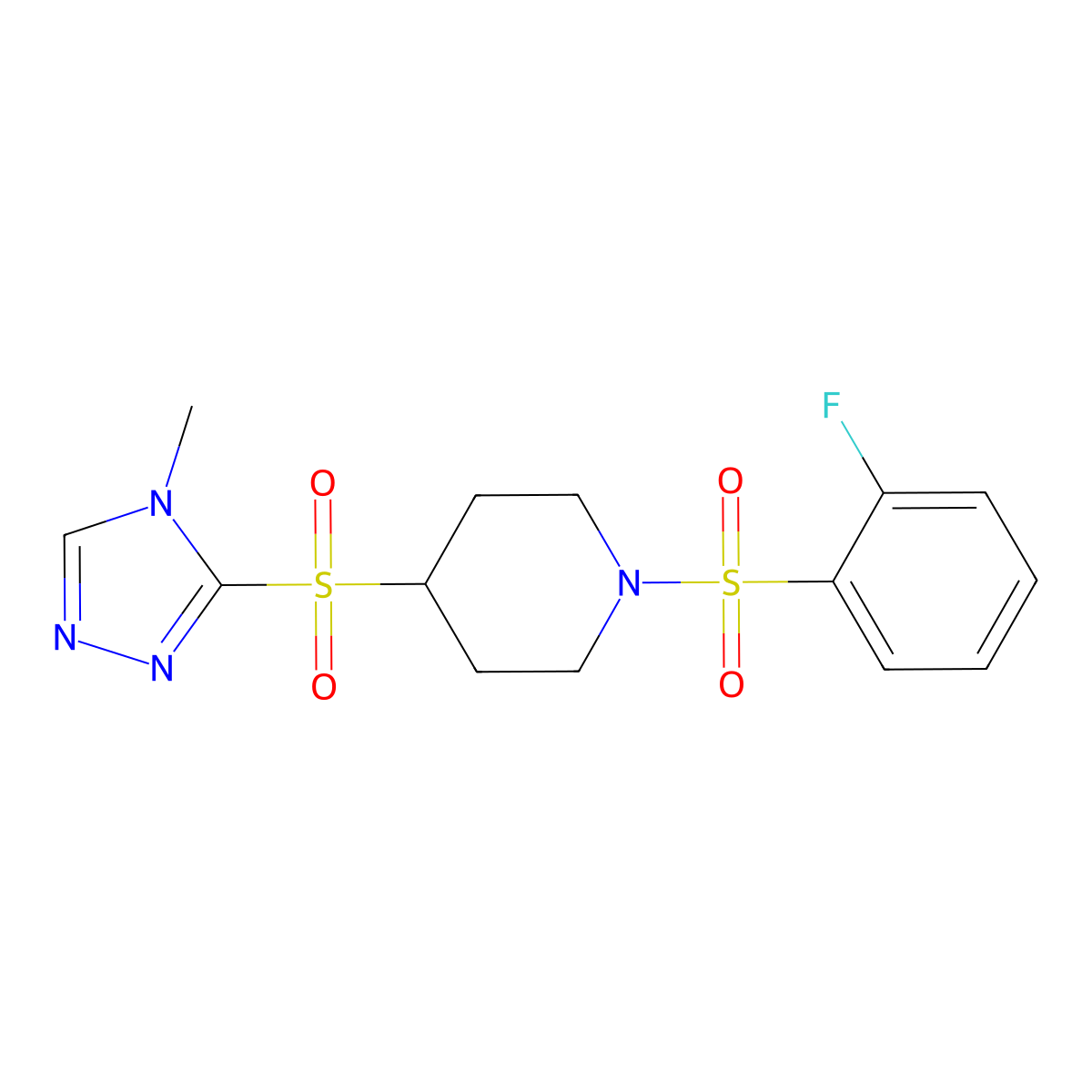 1-((2-fluorophenyl)sulfonyl)-4-((4-methyl-4H-1,2,4-triazol-3-yl)sulfonyl)piperidine molecular structure, CAS 1448054-55-4