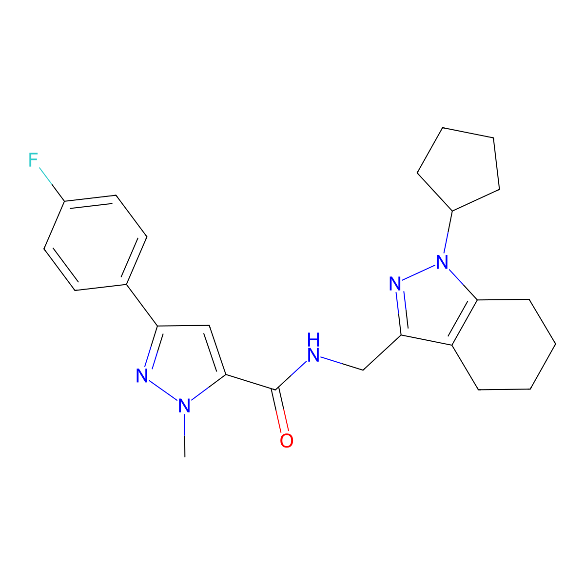 N-((1-cyclopentyl-4,5,6,7-tetrahydro-1H-indazol-3-yl)methyl)-3-(4-fluorophenyl)-1-methyl-1H-pyrazole-5-carboxamide molecular structure, CAS 1448054-68-9