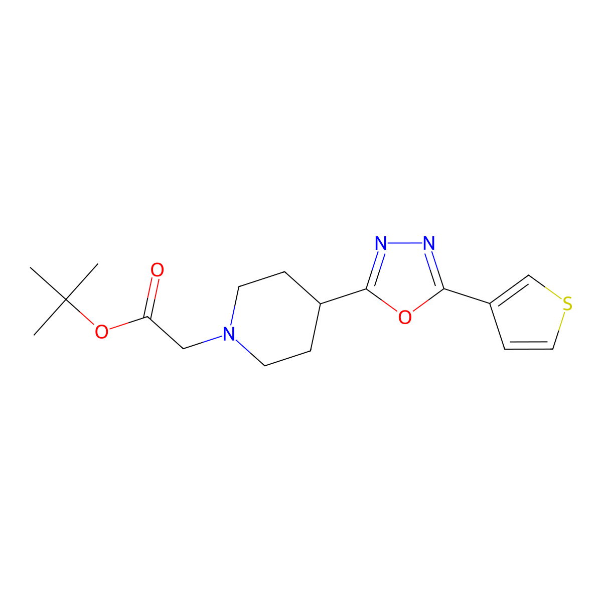 Tert-butyl 2-(4-(5-(thiophen-3-yl)-1,3,4-oxadiazol-2-yl)piperidin-1-yl)acetate molecular structure, CAS 1448054-69-0