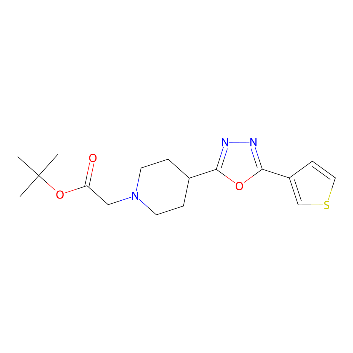 Tert-butyl 2-(4-(5-(thiophen-3-yl)-1,3,4-oxadiazol-2-yl)piperidin-1-yl)acetate molecular structure, CAS 1448054-69-0