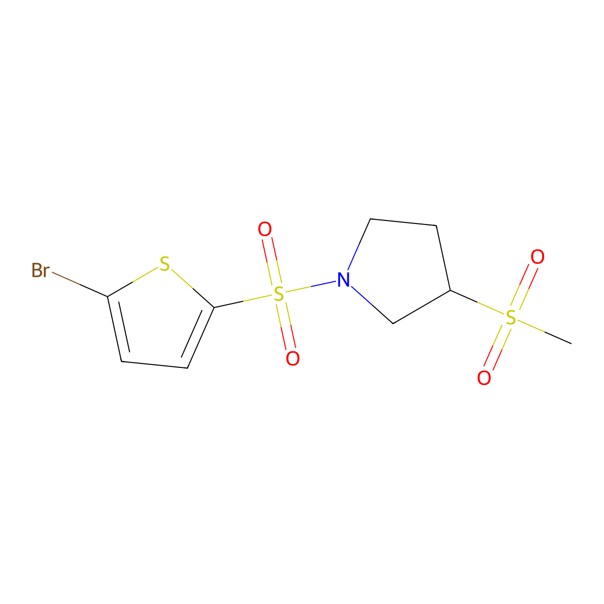 1-((5-Bromothiophen-2-yl)sulfonyl)-3-(methylsulfonyl)pyrrolidine molecular structure, CAS 1448054-77-0