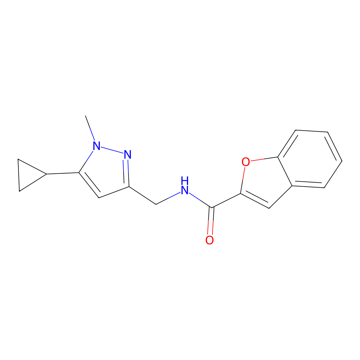 N-((5-cyclopropyl-1-methyl-1H-pyrazol-3-yl)methyl)benzofuran-2-carboxamide molecular structure, CAS 1448054-87-2