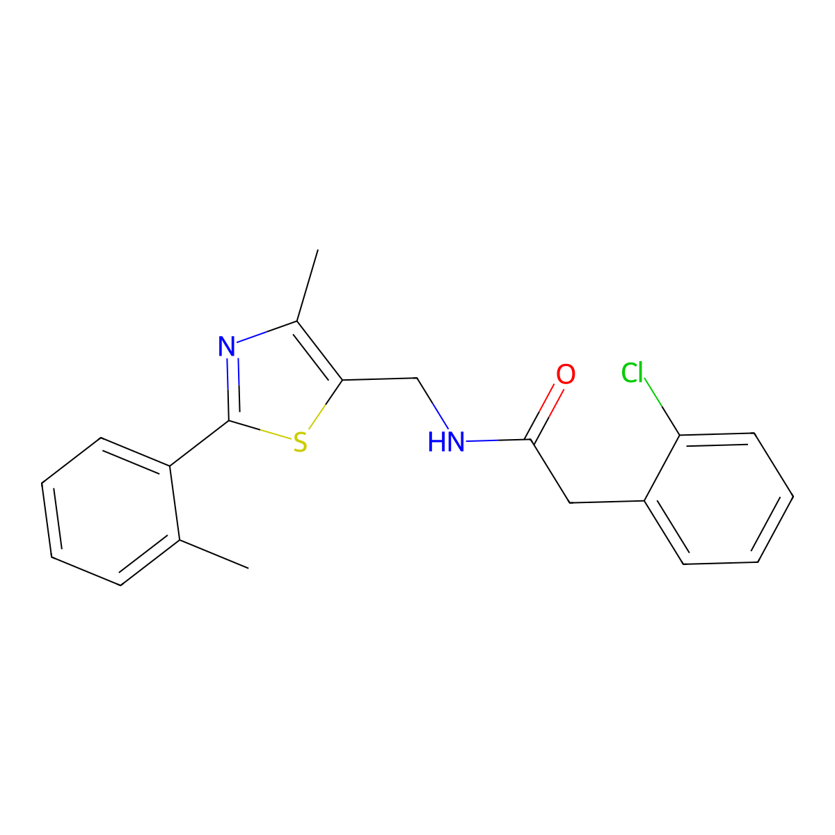 2-(2-chlorophenyl)-N-((4-methyl-2-(o-tolyl)thiazol-5-yl)methyl)acetamide molecular structure, CAS 1448054-95-2