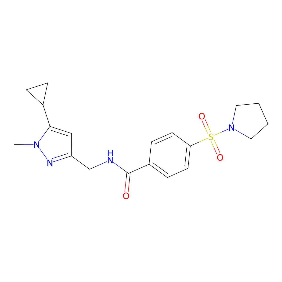 N-((5-cyclopropyl-1-methyl-1H-pyrazol-3-yl)methyl)-4-(pyrrolidin-1-ylsulfonyl)benzamide molecular structure, CAS 1448054-98-5