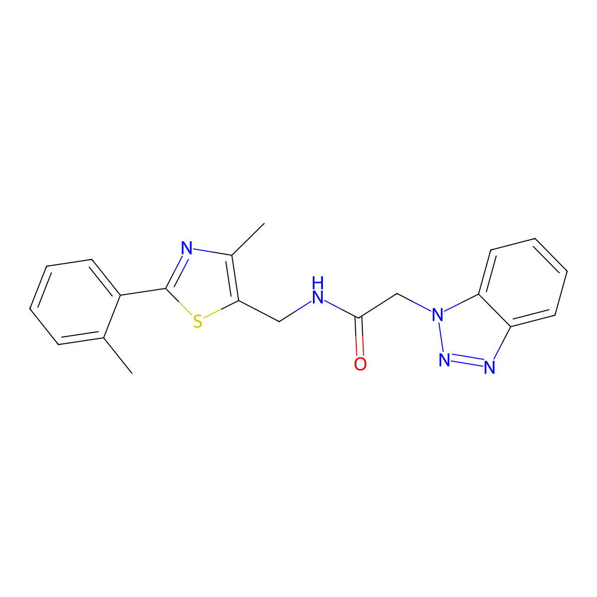 2-(1H-benzo[d][1,2,3]triazol-1-yl)-N-((4-methyl-2-(o-tolyl)thiazol-5-yl)methyl)acetamide molecular structure, CAS 1448056-23-2