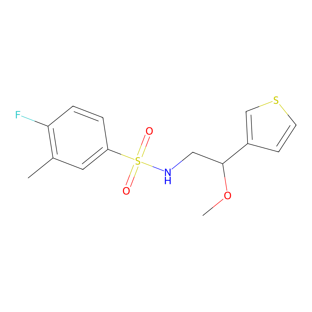4-fluoro-N-(2-methoxy-2-(thiophen-3-yl)ethyl)-3-methylbenzenesulfonamide molecular structure, CAS 1448056-26-5
