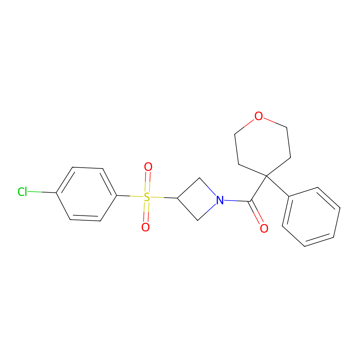 (3-((4-chlorophenyl)sulfonyl)azetidin-1-yl)(4-phenyltetrahydro-2H-pyran-4-yl)methanone molecular structure, CAS 1448056-30-1