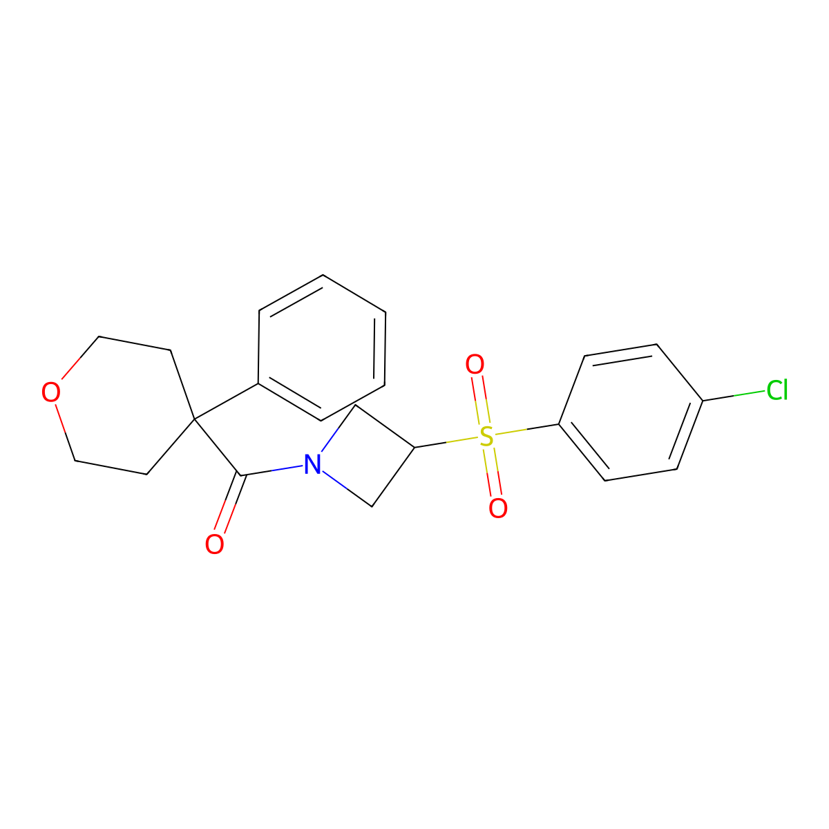 (3-((4-chlorophenyl)sulfonyl)azetidin-1-yl)(4-phenyltetrahydro-2H-pyran-4-yl)methanone molecular structure, CAS 1448056-30-1