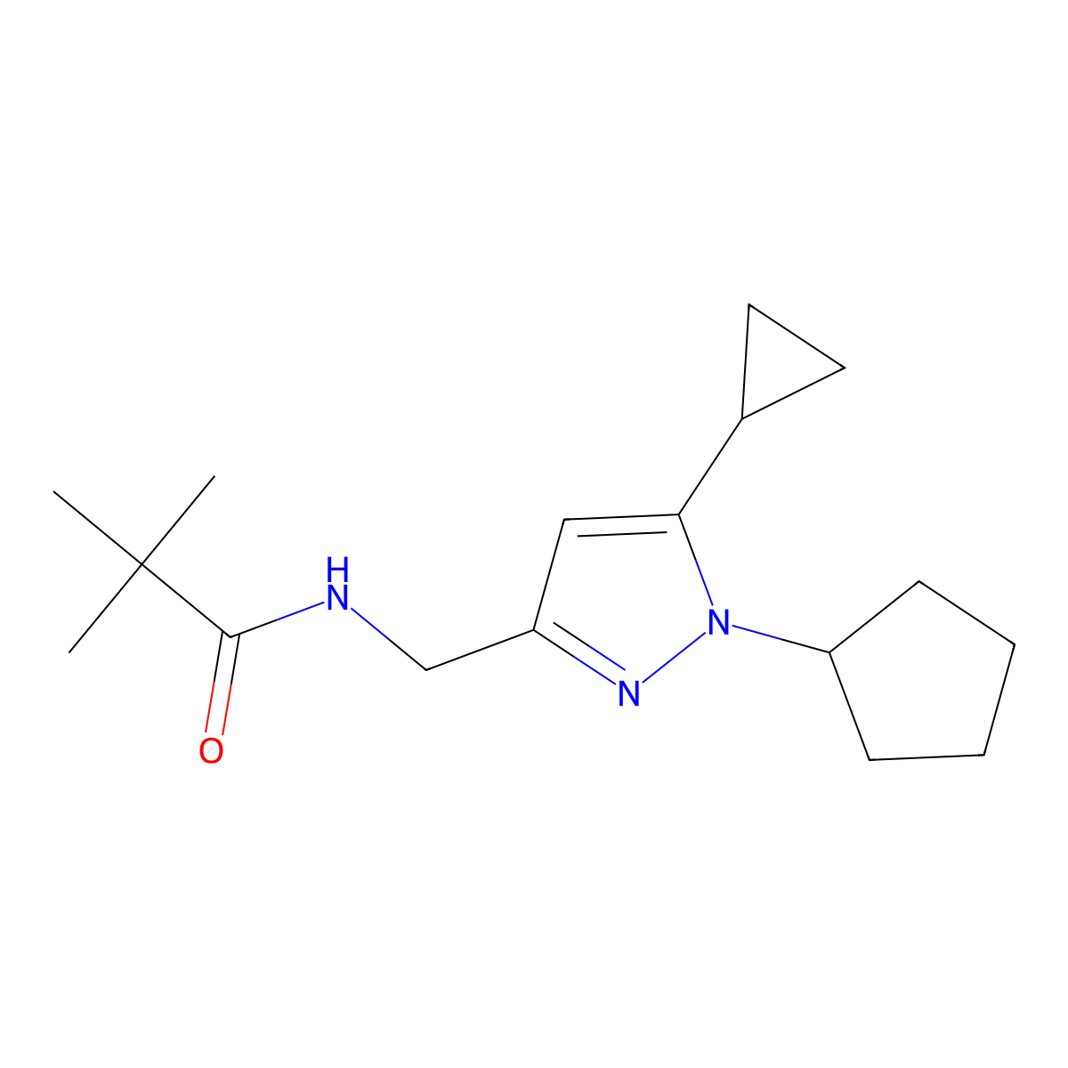 N-((1-cyclopentyl-5-cyclopropyl-1H-pyrazol-3-yl)methyl)pivalamide molecular structure, CAS 1448056-31-2