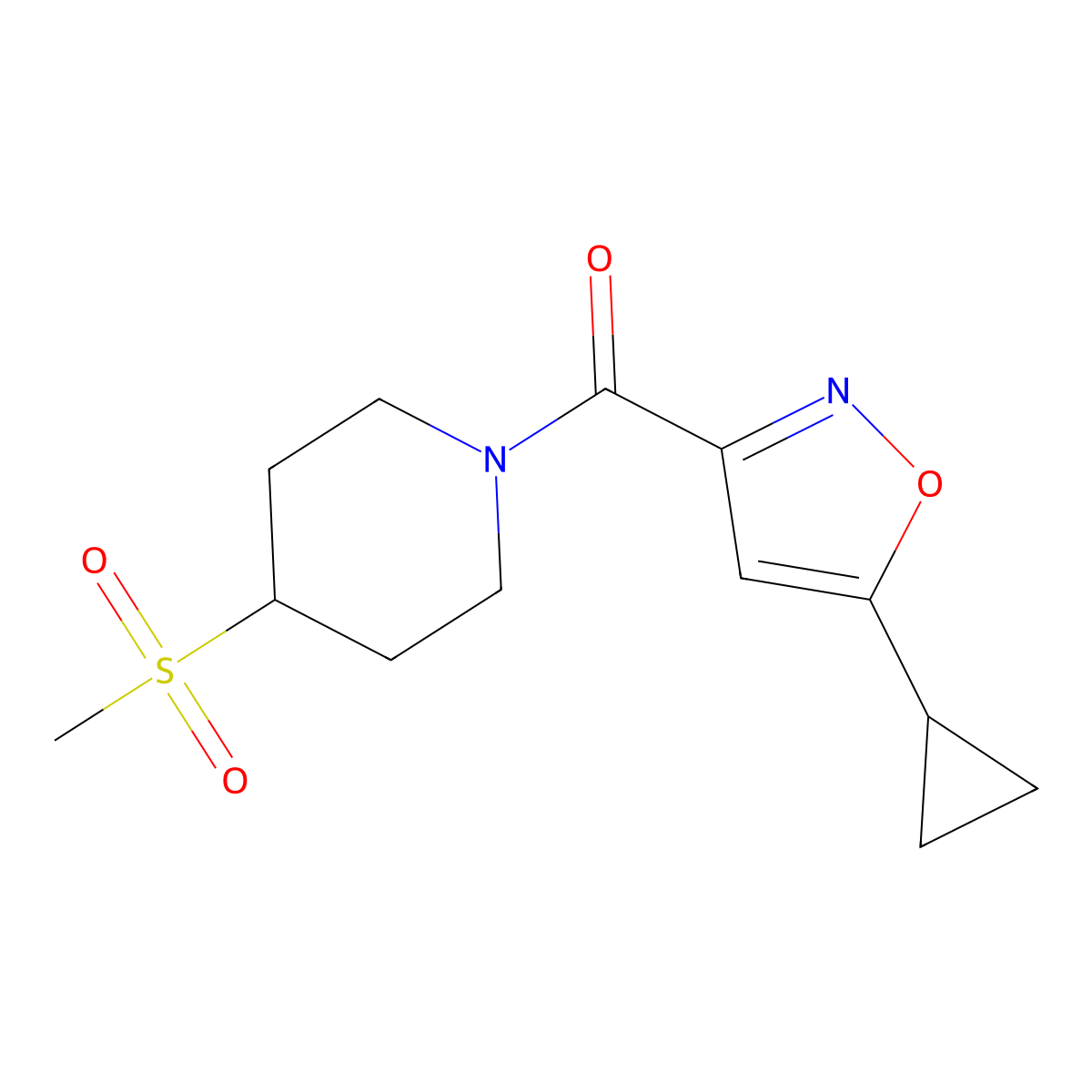 (5-Cyclopropylisoxazol-3-yl)(4-(methylsulfonyl)piperidin-1-yl)methanone molecular structure, CAS 1448056-35-6